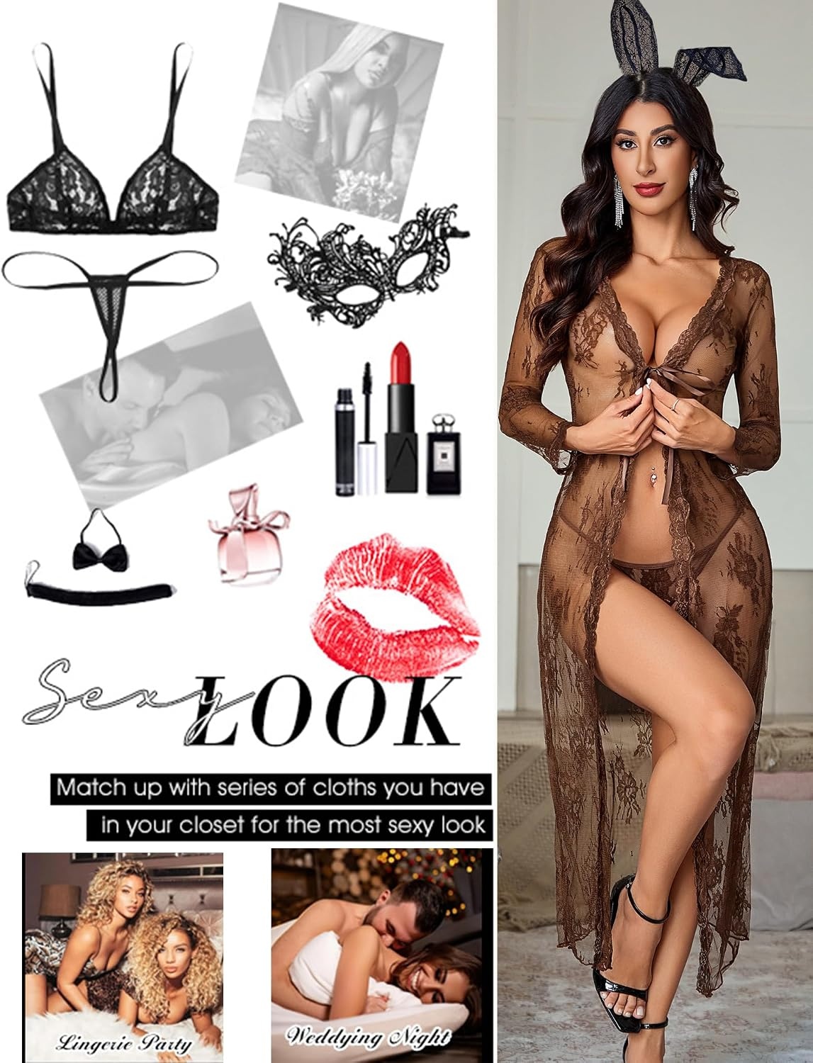image:imageAvidlove Sexy Lace Robe for Women Lingerie Bridal Lace Babydoll Robe Lingerie Sheer Wedding GownDbrown