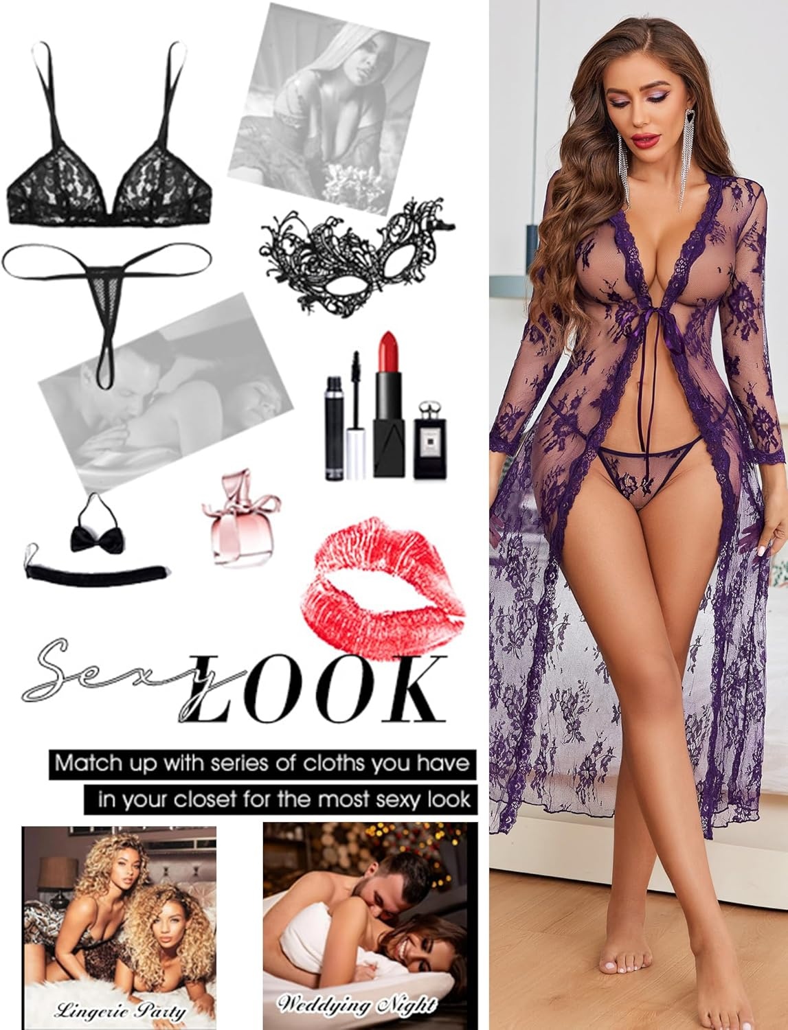 image:imageAvidlove Sexy Lace Robe for Women Lingerie Bridal Lace Babydoll Robe Lingerie Sheer Wedding GownDeep Purple