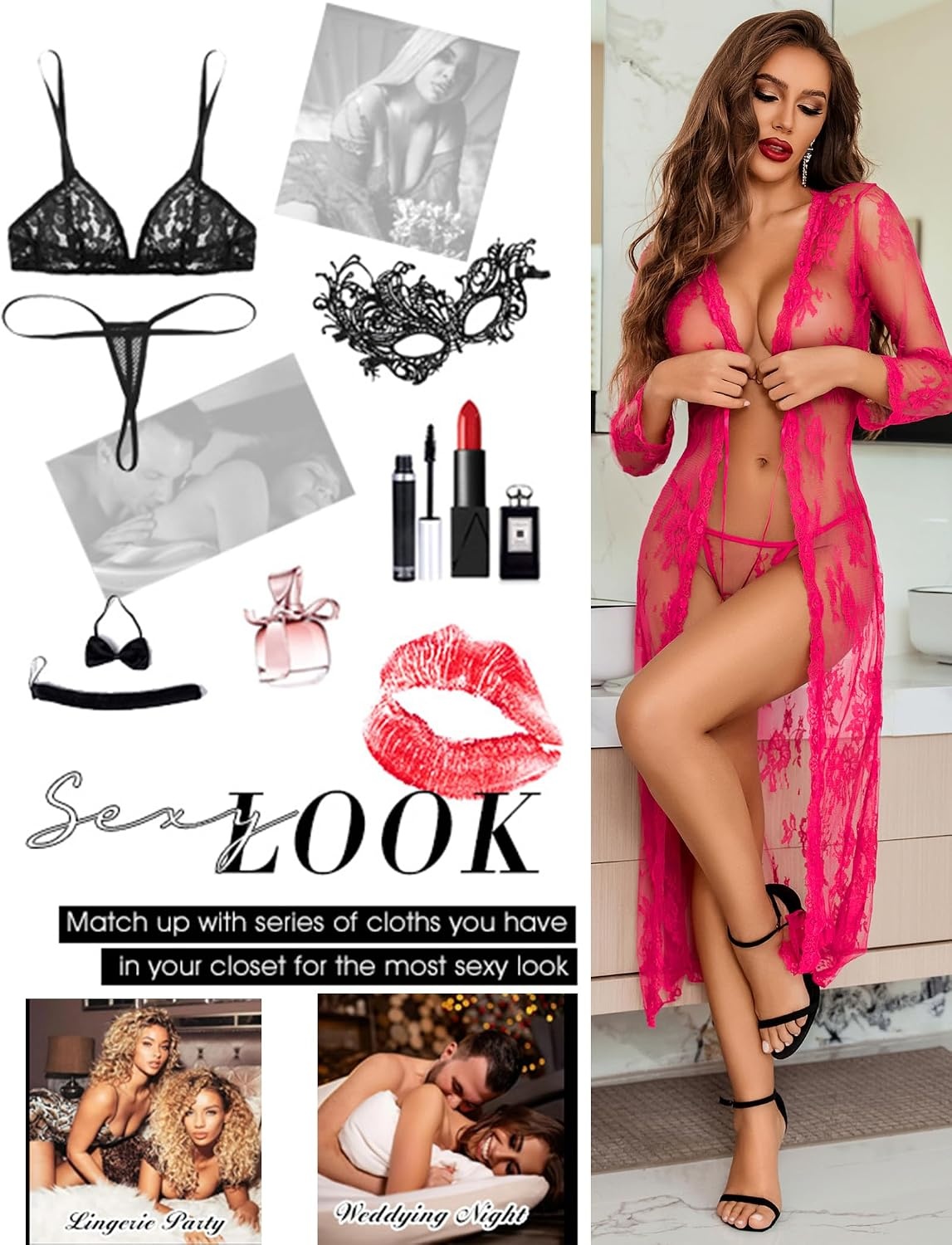 image:imageAvidlove Sexy Lace Robe for Women Lingerie Bridal Lace Babydoll Robe Lingerie Sheer Wedding GownHot Pink