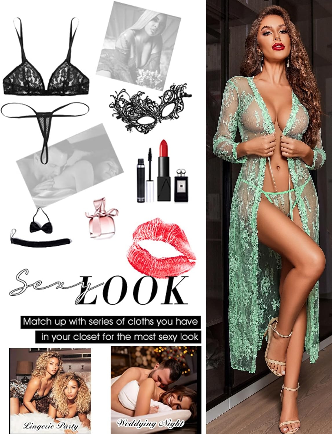 image:imageAvidlove Sexy Lace Robe for Women Lingerie Bridal Lace Babydoll Robe Lingerie Sheer Wedding GownIce Green
