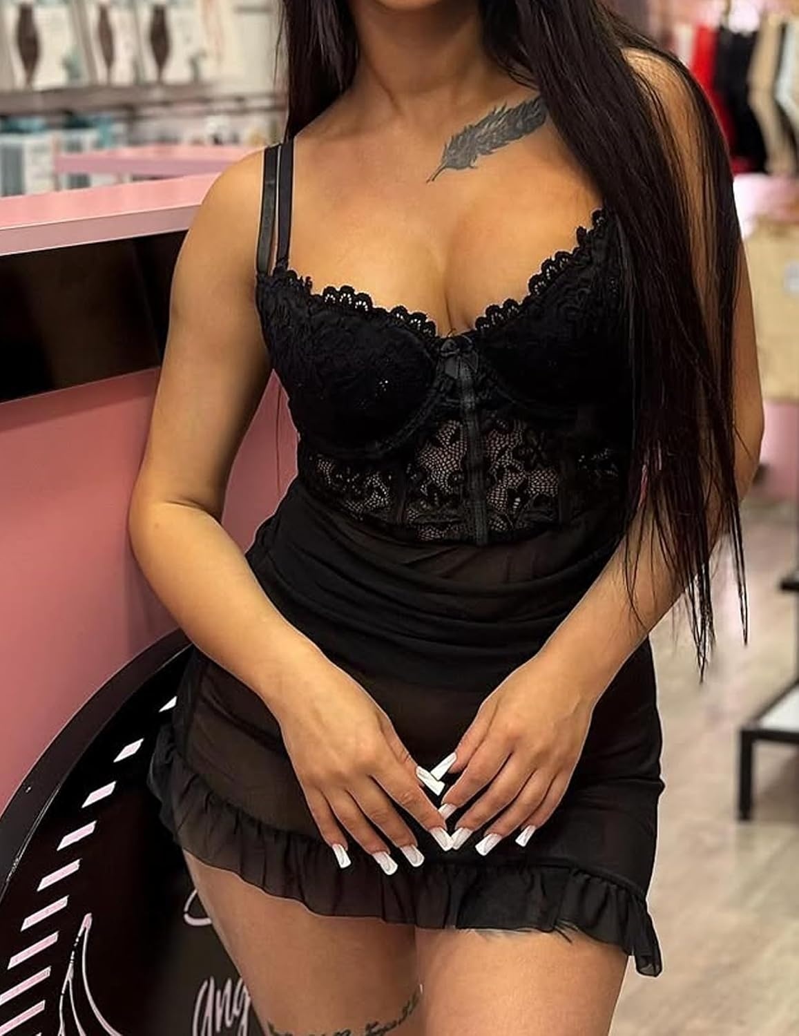 image:imageAvidlove Sexy Lingerie for Women Lace Babydoll Dress with Underwire Support Ruffle Hem Hip Chemise NightgownBlack