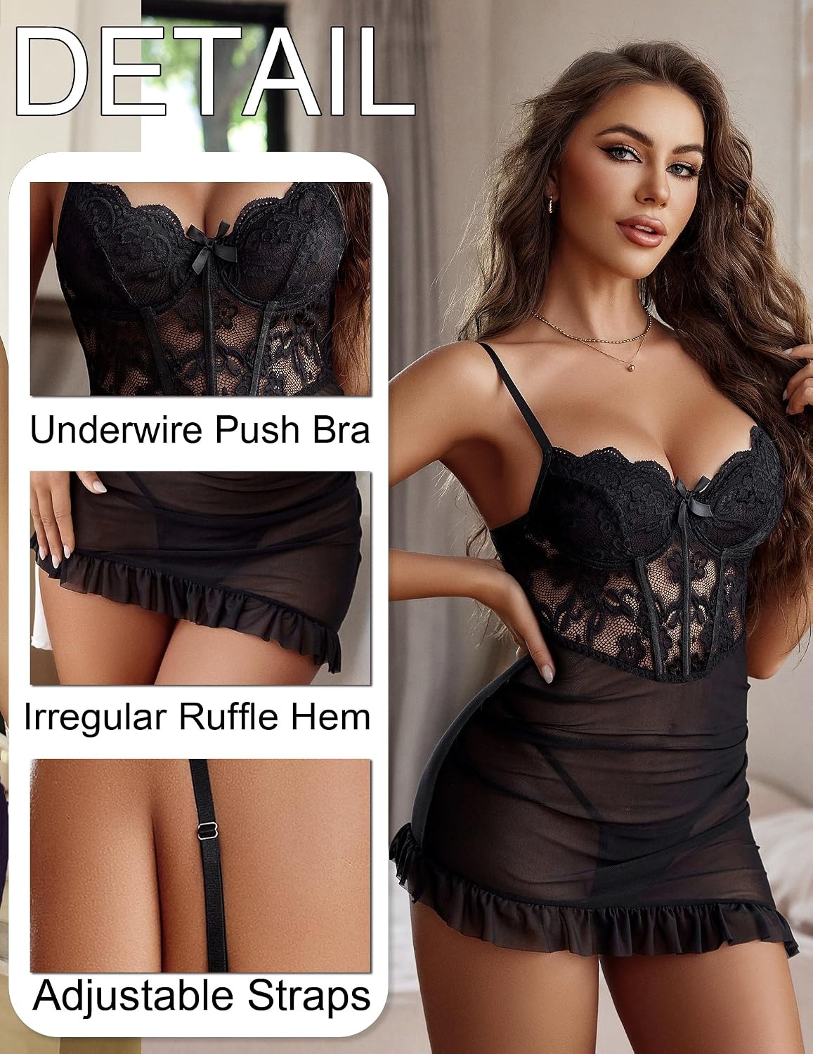 image:imageAvidlove Sexy Lingerie for Women Lace Babydoll Dress with Underwire Support Ruffle Hem Hip Chemise NightgownBlack