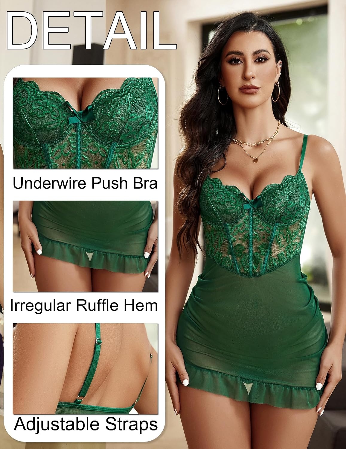 image:imageAvidlove Sexy Lingerie for Women Lace Babydoll Dress with Underwire Support Ruffle Hem Hip Chemise NightgownGreen