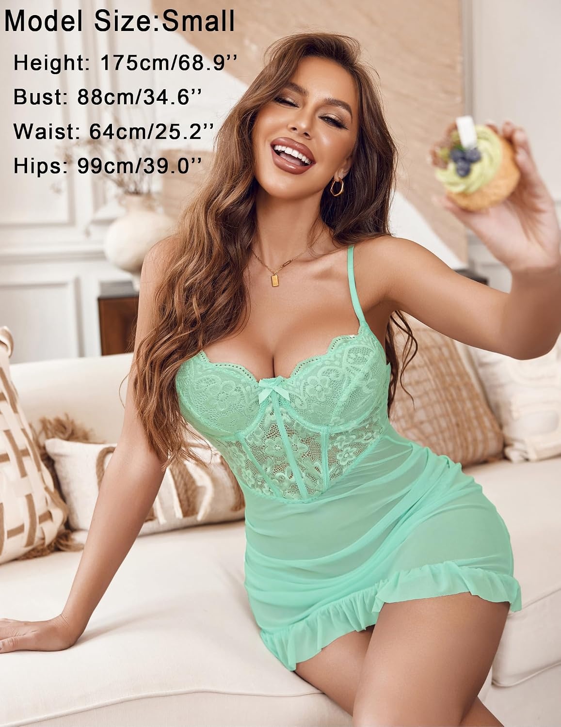 image:imageAvidlove Sexy Lingerie for Women Lace Babydoll Dress with Underwire Support Ruffle Hem Hip Chemise NightgownIce Green
