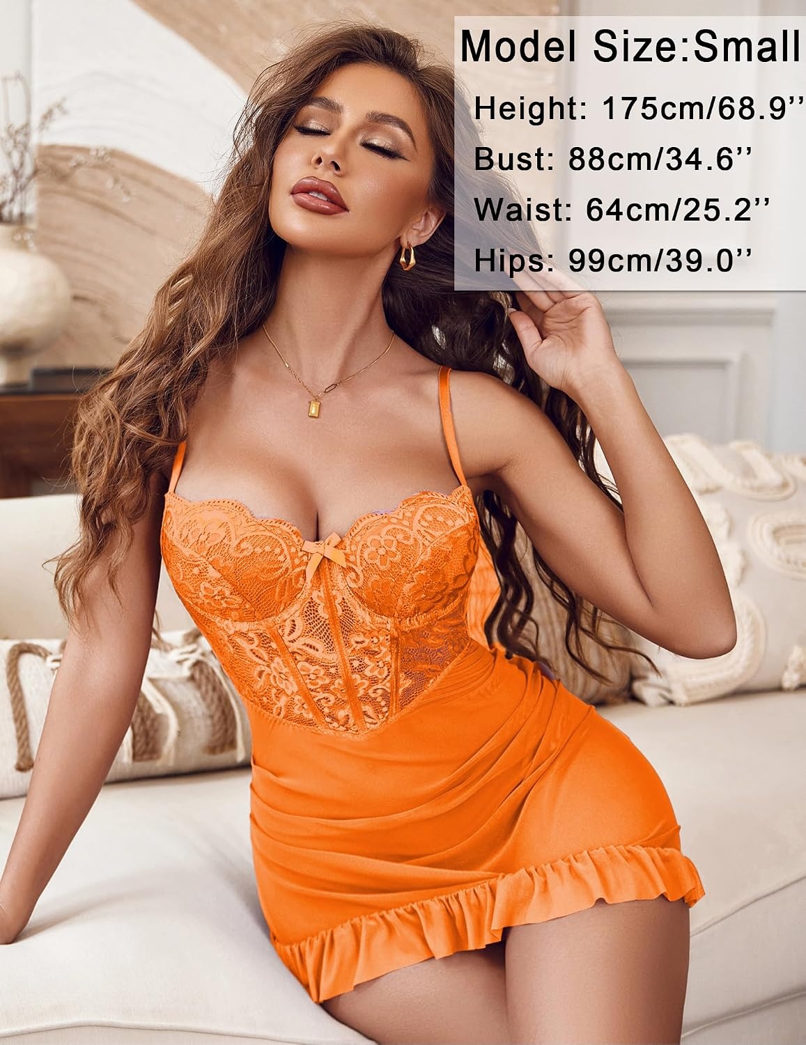 image:imageAvidlove Sexy Lingerie for Women Lace Babydoll Dress with Underwire Support Ruffle Hem Hip Chemise NightgownOrange