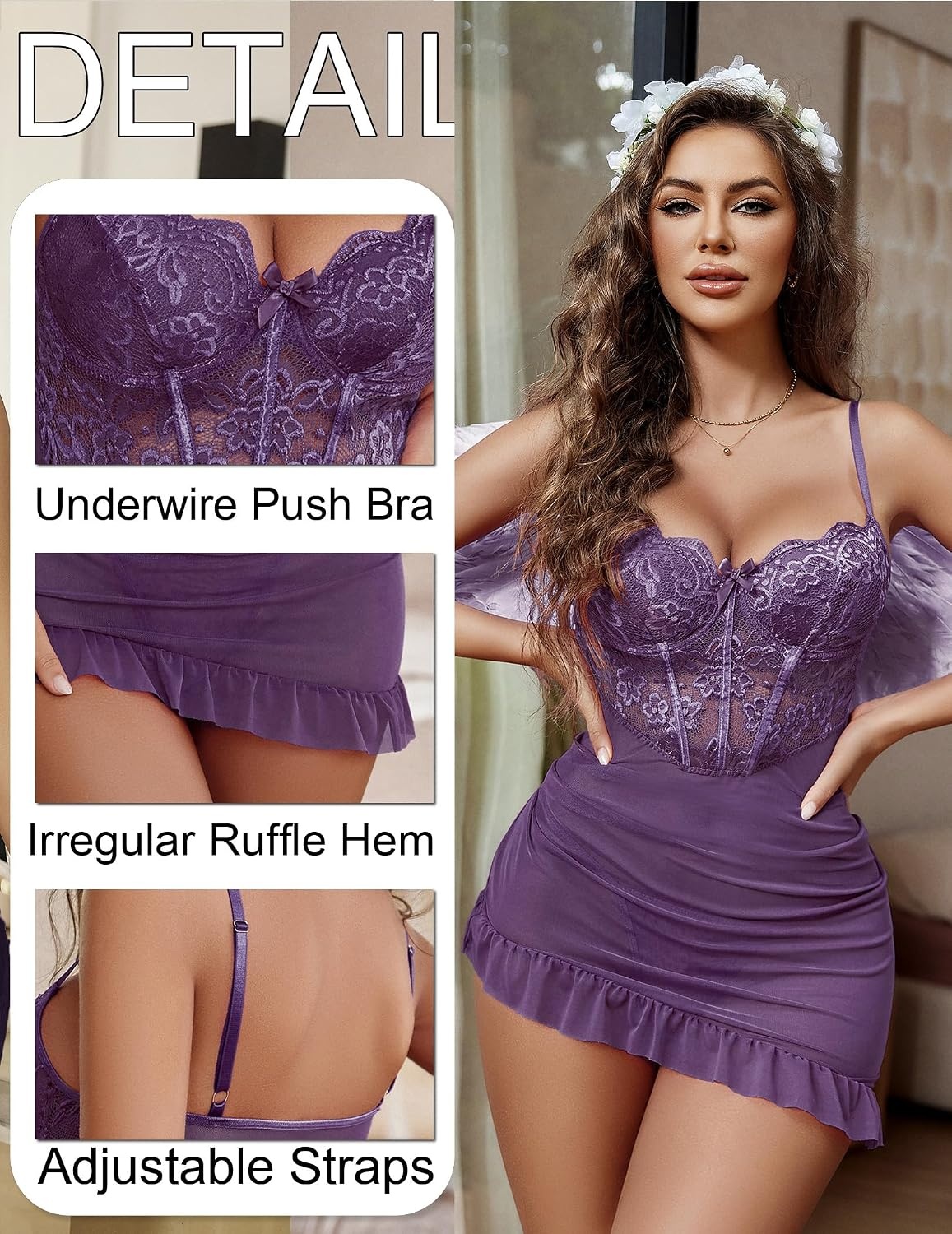 image:imageAvidlove Sexy Lingerie for Women Lace Babydoll Dress with Underwire Support Ruffle Hem Hip Chemise NightgownPurple