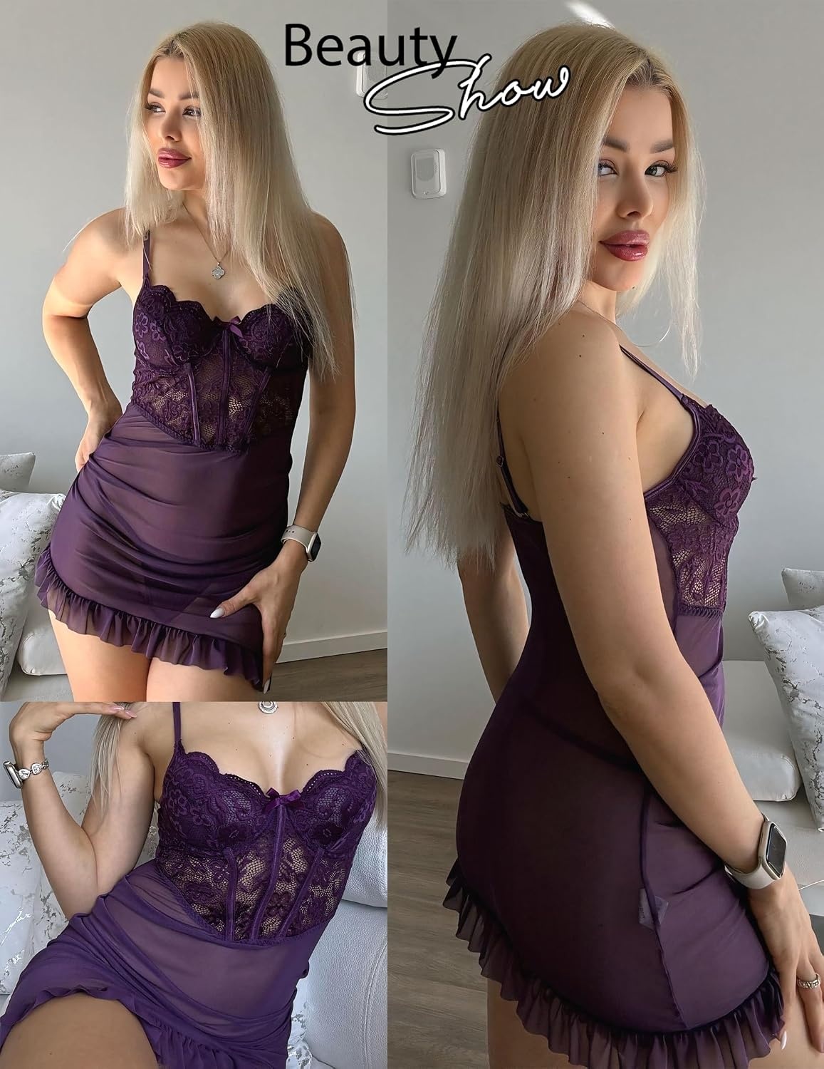 image:imageAvidlove Sexy Lingerie for Women Lace Babydoll Dress with Underwire Support Ruffle Hem Hip Chemise NightgownPurple