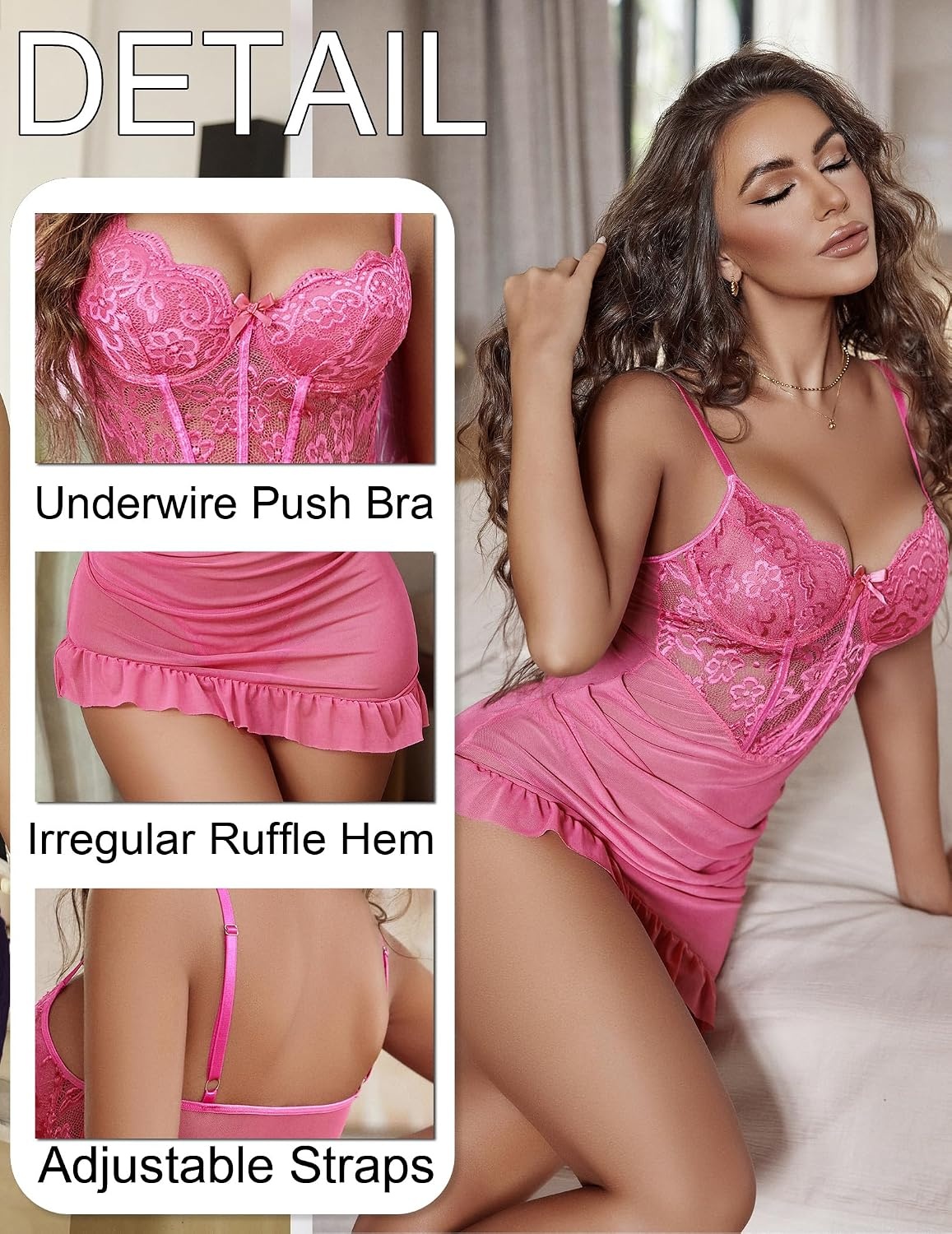 image:imageAvidlove Sexy Lingerie for Women Lace Babydoll Dress with Underwire Support Ruffle Hem Hip Chemise NightgownRose Red