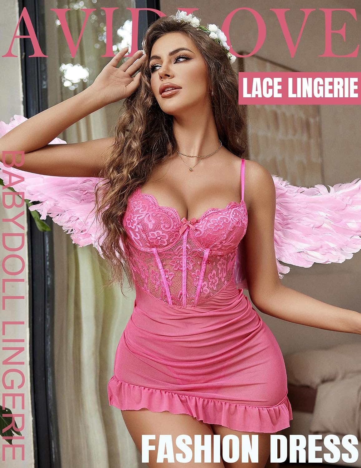 image:imageAvidlove Sexy Lingerie for Women Lace Babydoll Dress with Underwire Support Ruffle Hem Hip Chemise NightgownRose Red