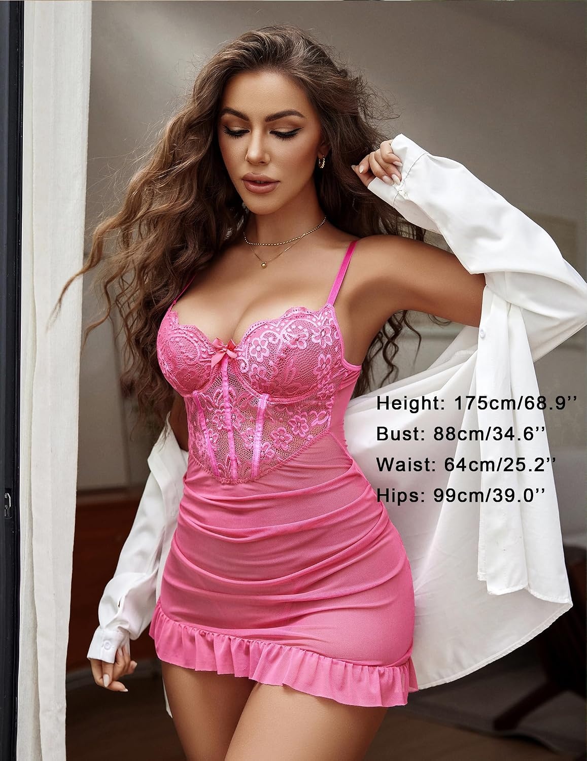 image:imageAvidlove Sexy Lingerie for Women Lace Babydoll Dress with Underwire Support Ruffle Hem Hip Chemise NightgownRose Red