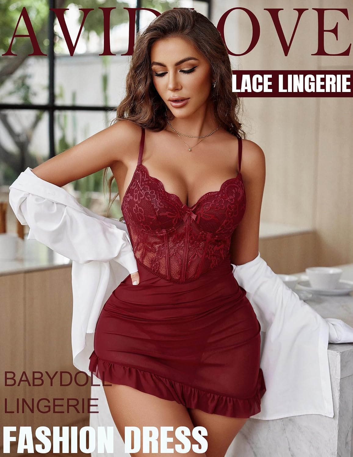 image:imageAvidlove Sexy Lingerie for Women Lace Babydoll Dress with Underwire Support Ruffle Hem Hip Chemise NightgownWine Red