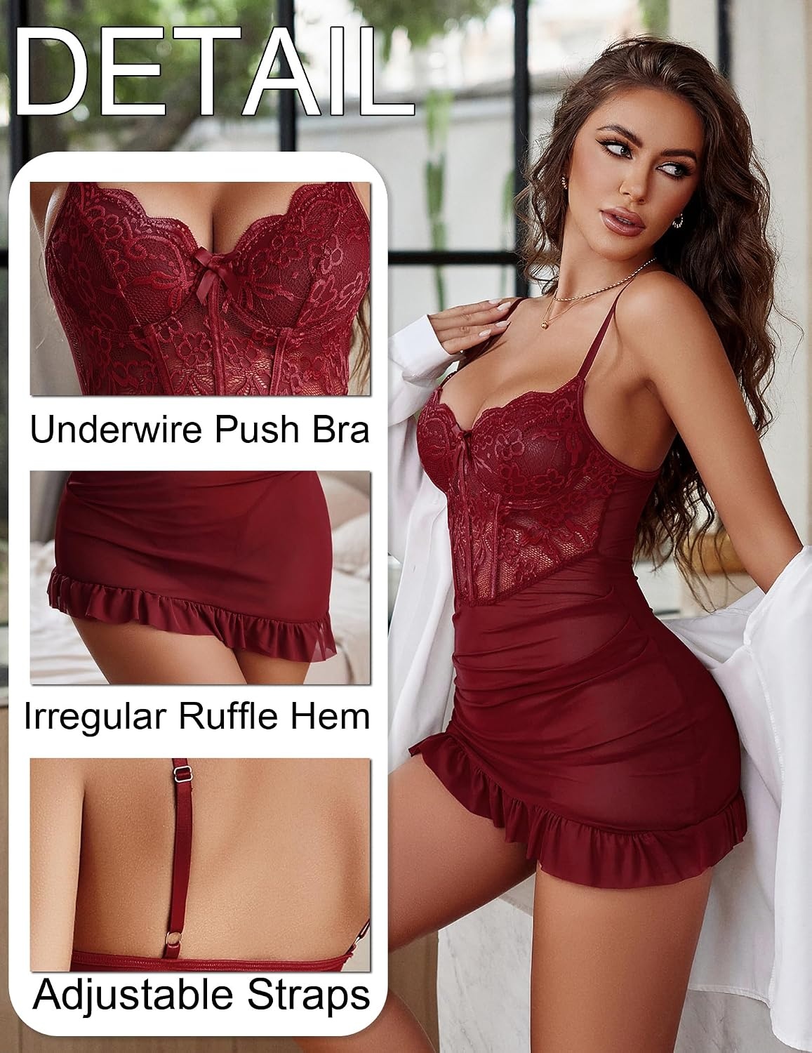 image:imageAvidlove Sexy Lingerie for Women Lace Babydoll Dress with Underwire Support Ruffle Hem Hip Chemise NightgownWine Red