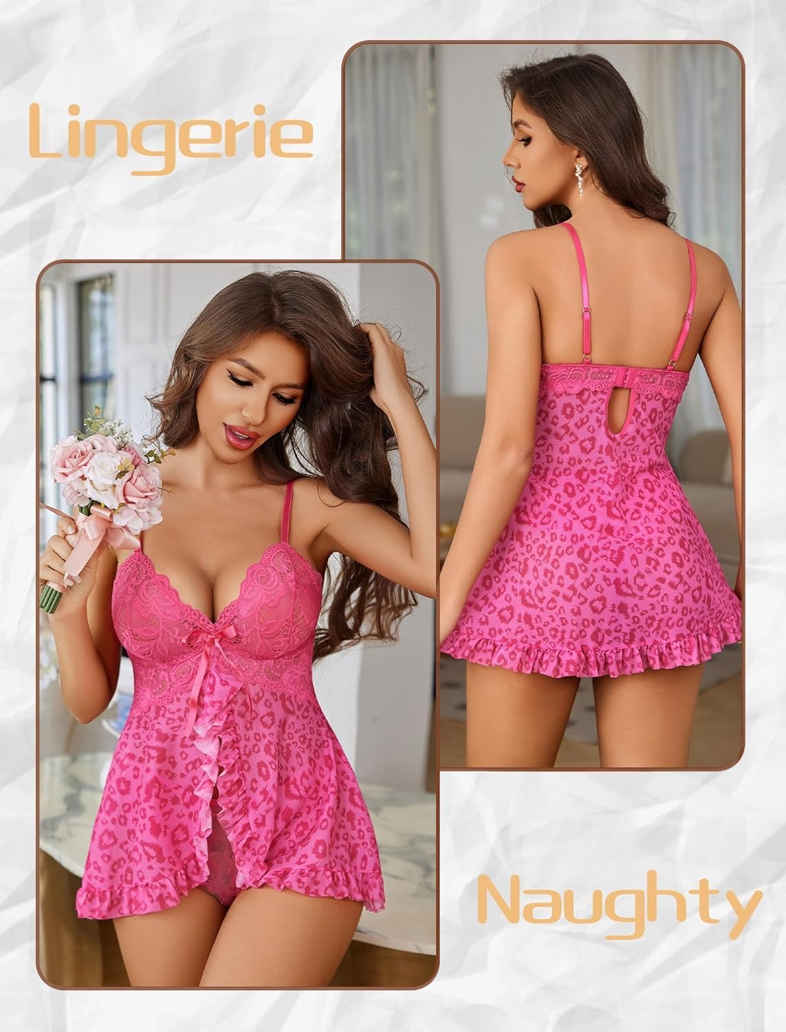 image:imageAvidlove Sexy Lingerie for Women Lace Babydoll Lingerie Dress Boudoir Lingerie VNeck Front Open Ruffle ChemiseRose Red Leopard