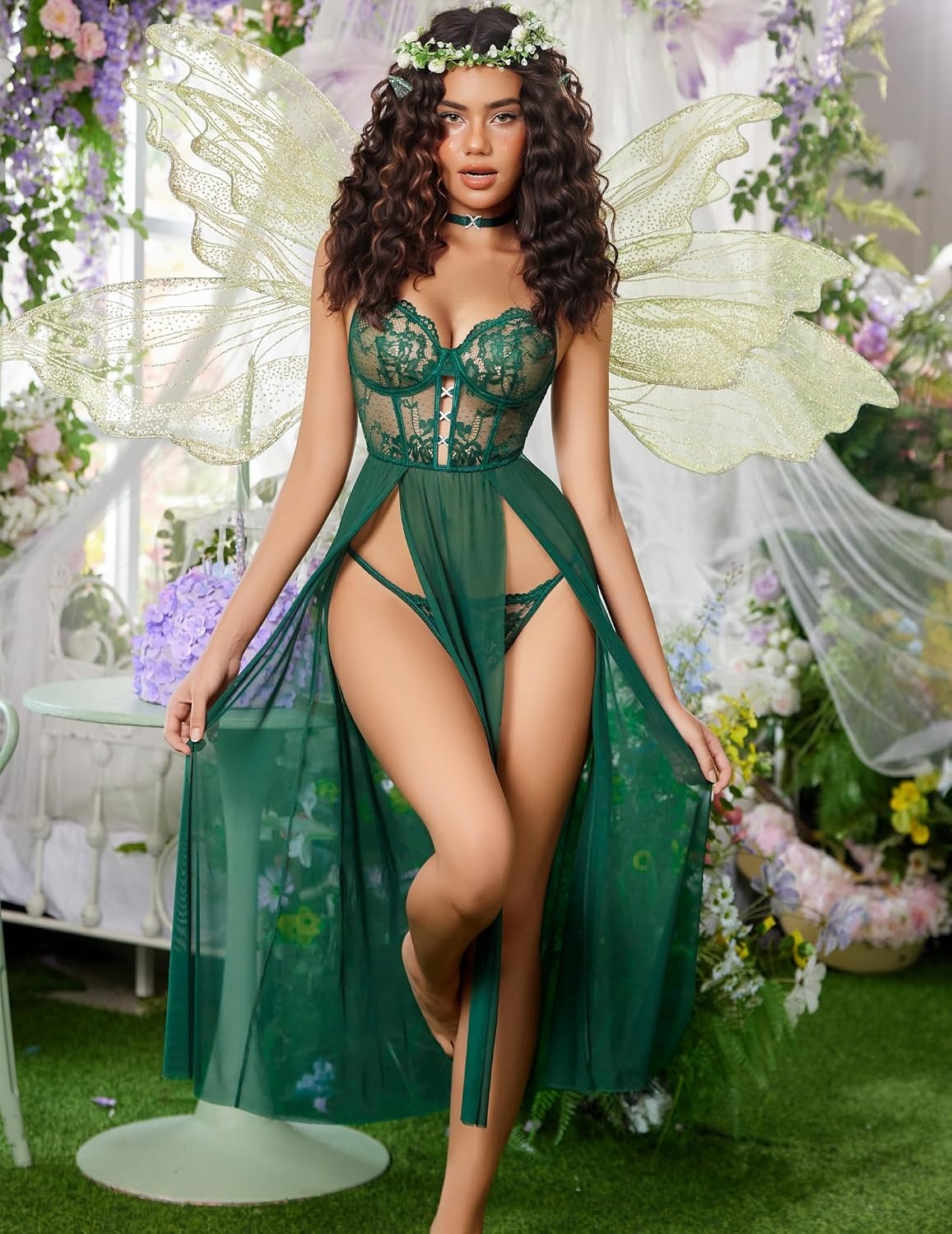 image:imageAvidlove Sexy Lingerie for Women Lace Mesh Babydoll Sleepwear Side Split V Neck Nightgown for Honeymoon Anniversaries1green