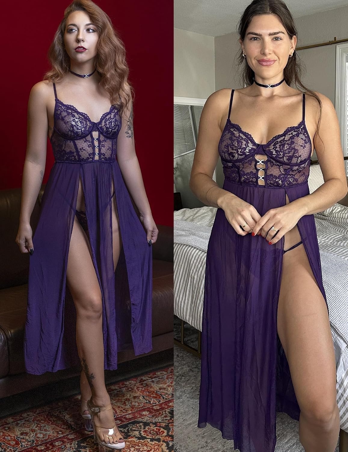 image:imageAvidlove Sexy Lingerie for Women Lace Mesh Babydoll Sleepwear Side Split V Neck Nightgown for Honeymoon Anniversaries1violet