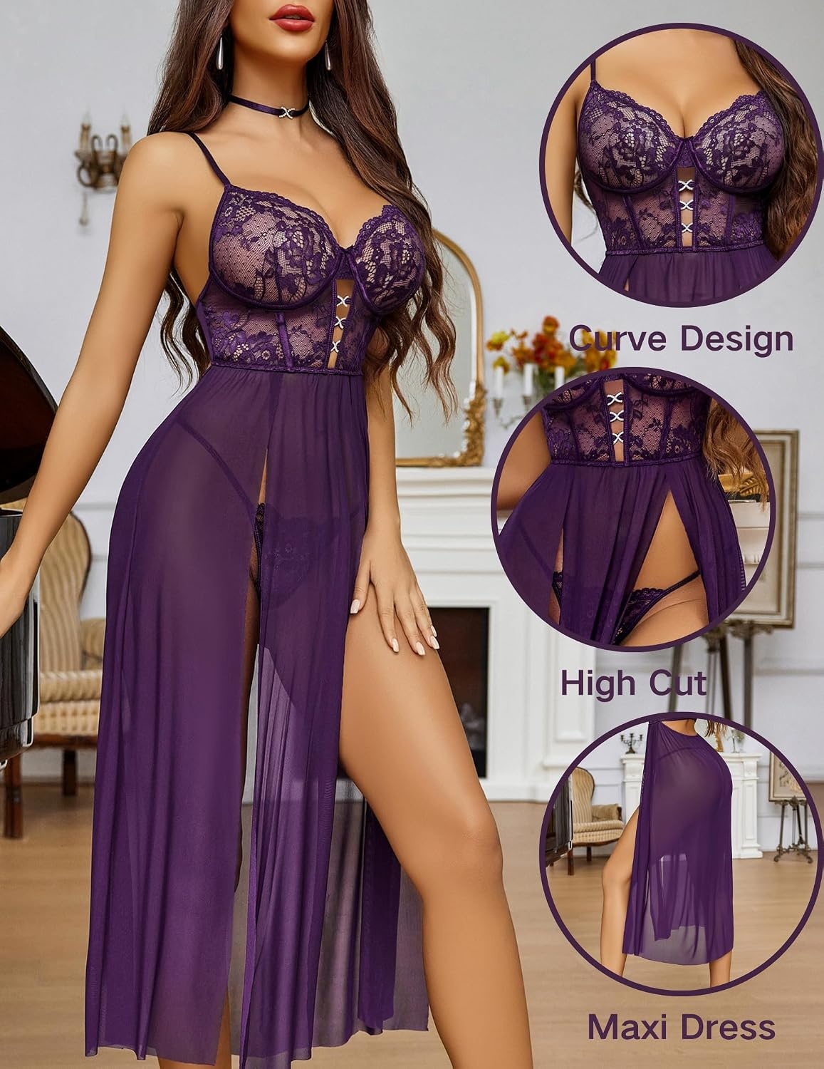 image:imageAvidlove Sexy Lingerie for Women Lace Mesh Babydoll Sleepwear Side Split V Neck Nightgown for Honeymoon Anniversaries1violet