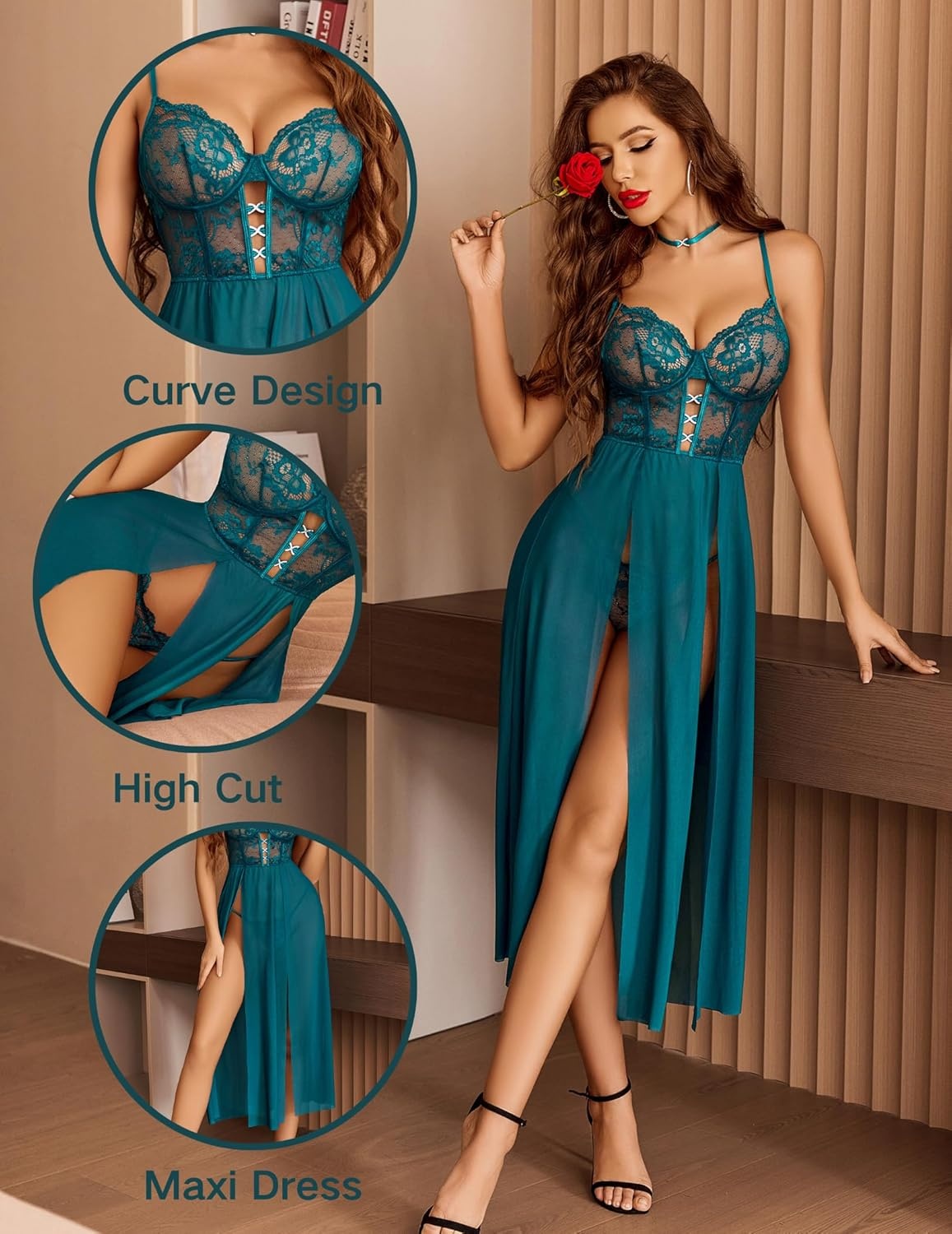 image:imageAvidlove Sexy Lingerie for Women Lace Mesh Babydoll Sleepwear Side Split V Neck Nightgown for Honeymoon AnniversariesBlue Green