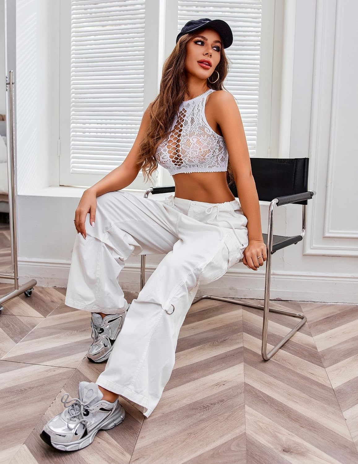 image:imageAvidlove Women Lingerie Fishnet Lingerie Set Two Piece Crop Top and Shorts SetWhite