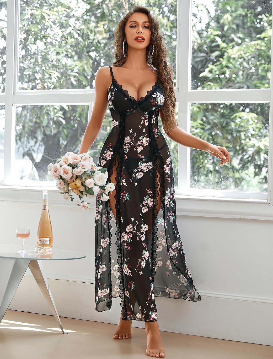 image:imageAvidlove Women Lingerie Lace Babydoll Chemise Sexy Mesh Nightdress V Neck Nightwear Side Split NightgownBlack Flower