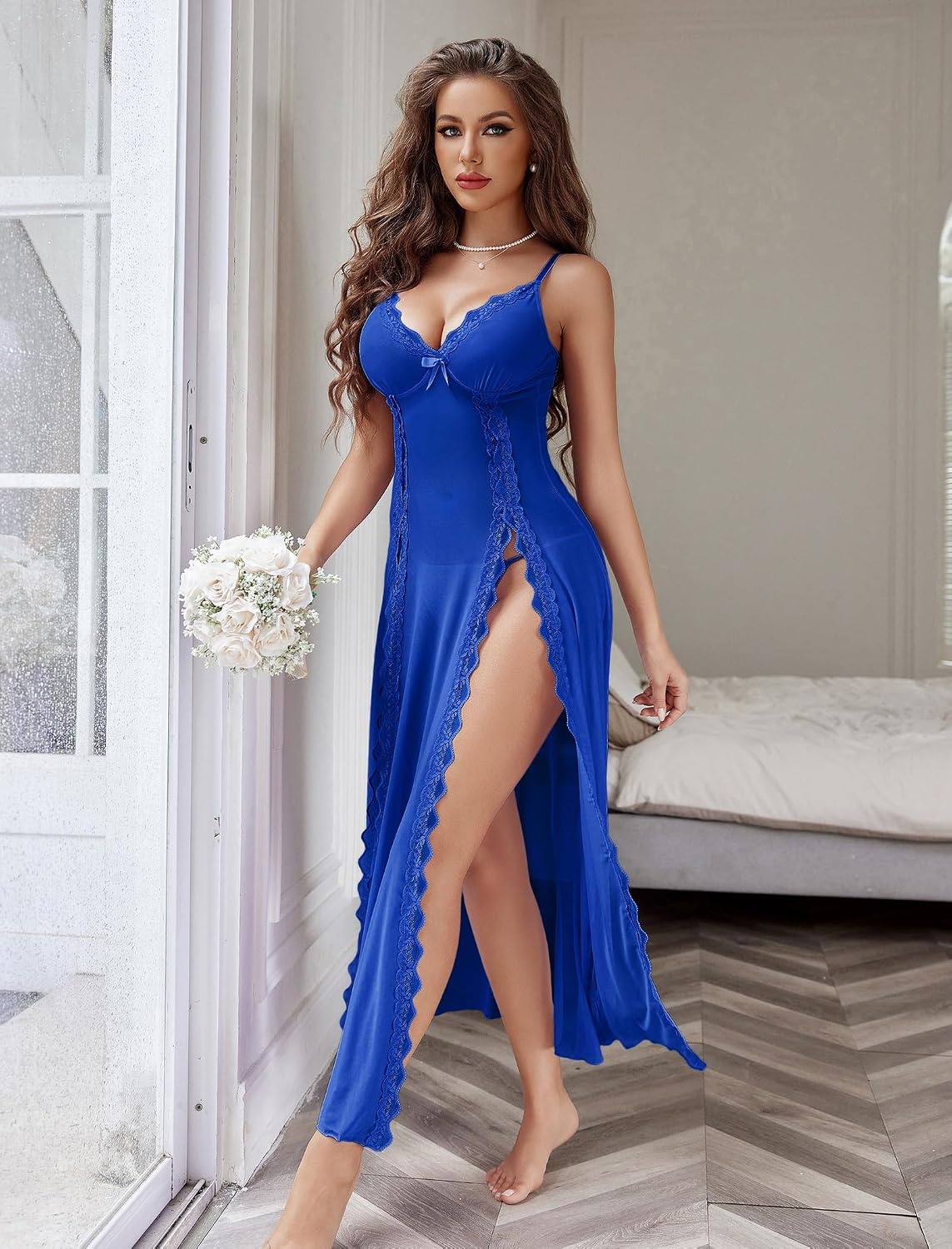 image:imageAvidlove Women Lingerie Lace Babydoll Chemise Sexy Mesh Nightdress V Neck Nightwear Side Split NightgownBlue