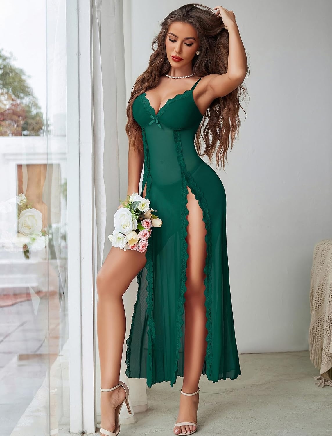 image:imageAvidlove Women Lingerie Lace Babydoll Chemise Sexy Mesh Nightdress V Neck Nightwear Side Split NightgownDark Green