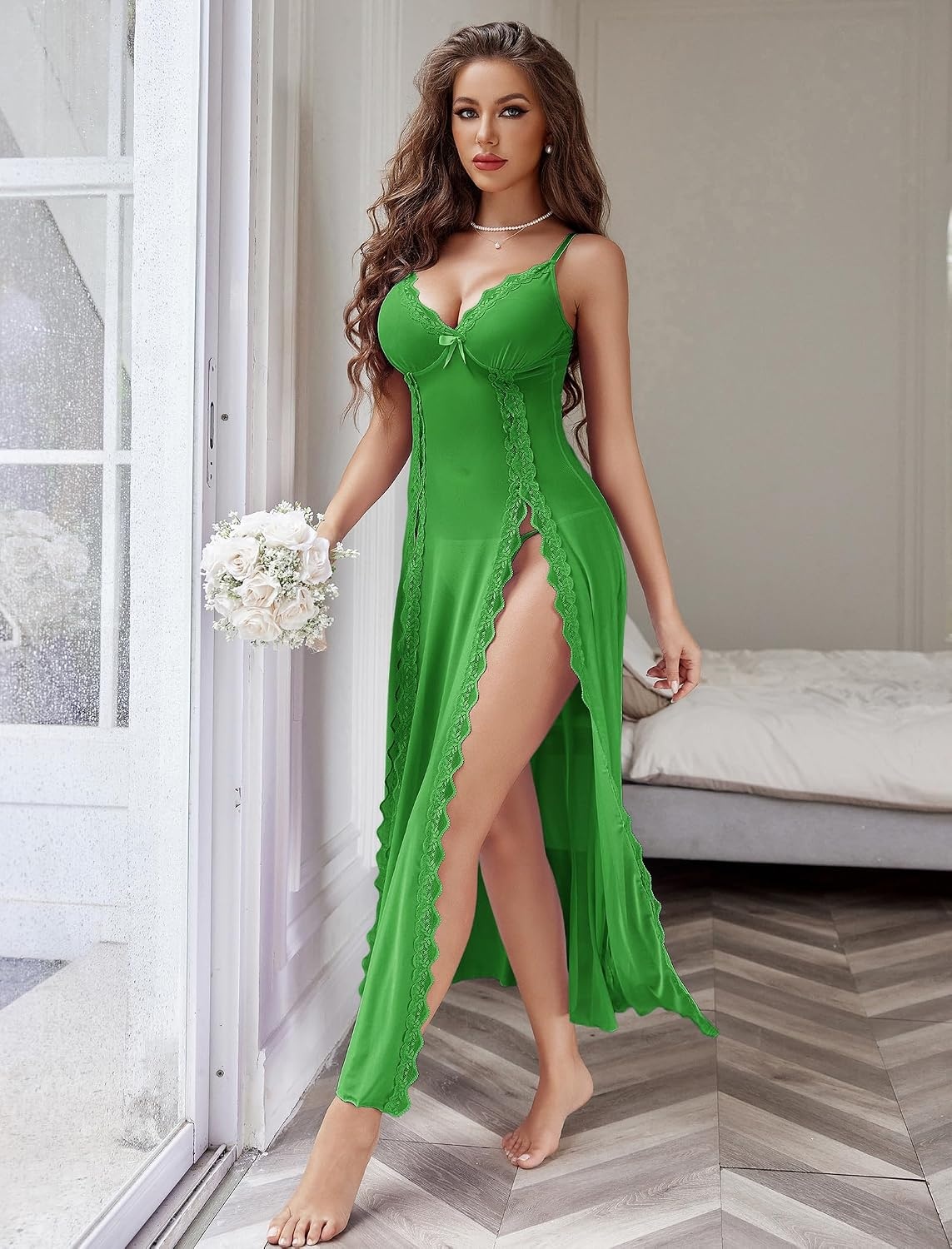 image:imageAvidlove Women Lingerie Lace Babydoll Chemise Sexy Mesh Nightdress V Neck Nightwear Side Split NightgownGreen
