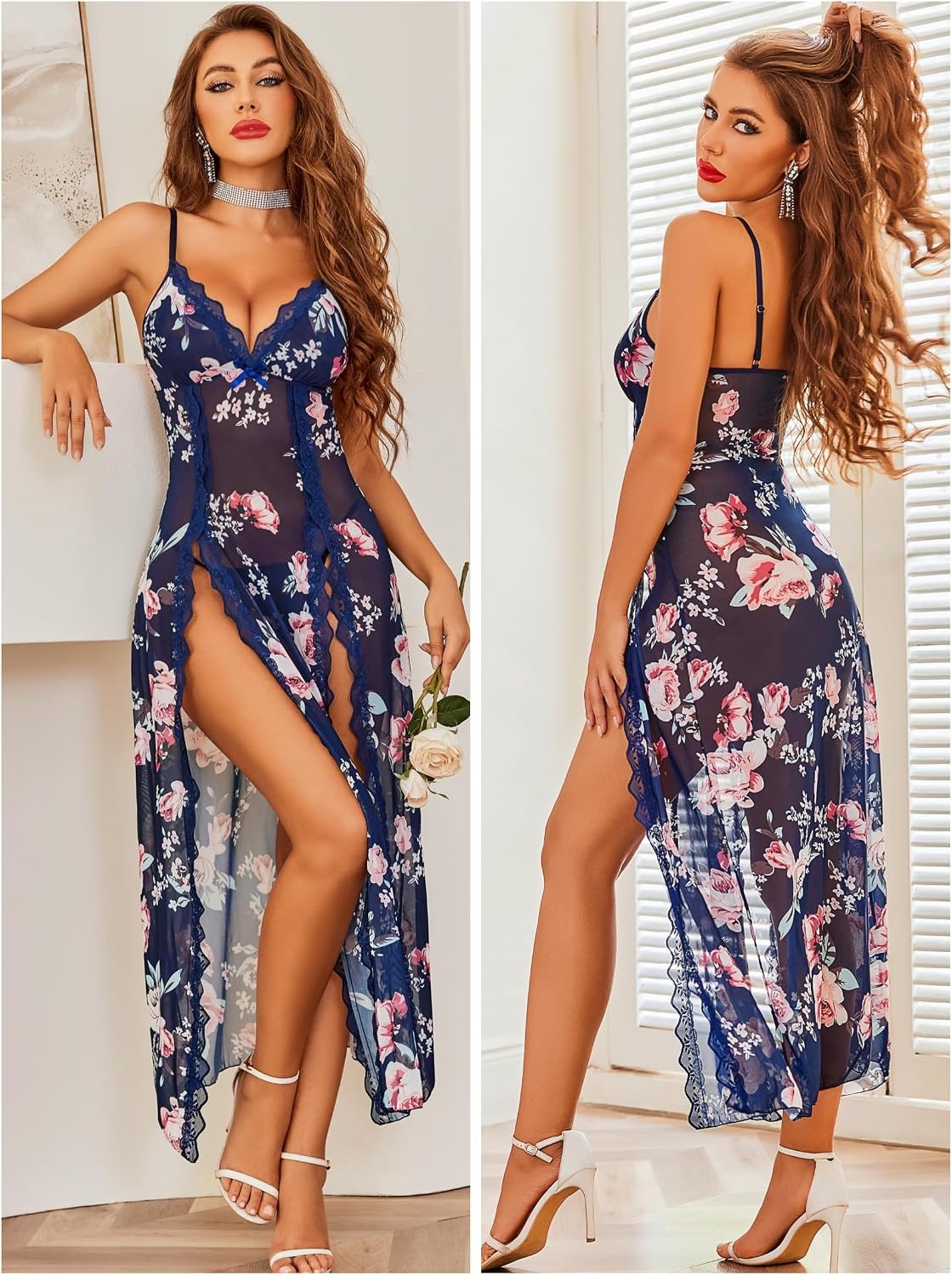 image:imageAvidlove Women Lingerie Lace Babydoll Chemise Sexy Mesh Nightdress V Neck Nightwear Side Split NightgownNavy Blue Floral
