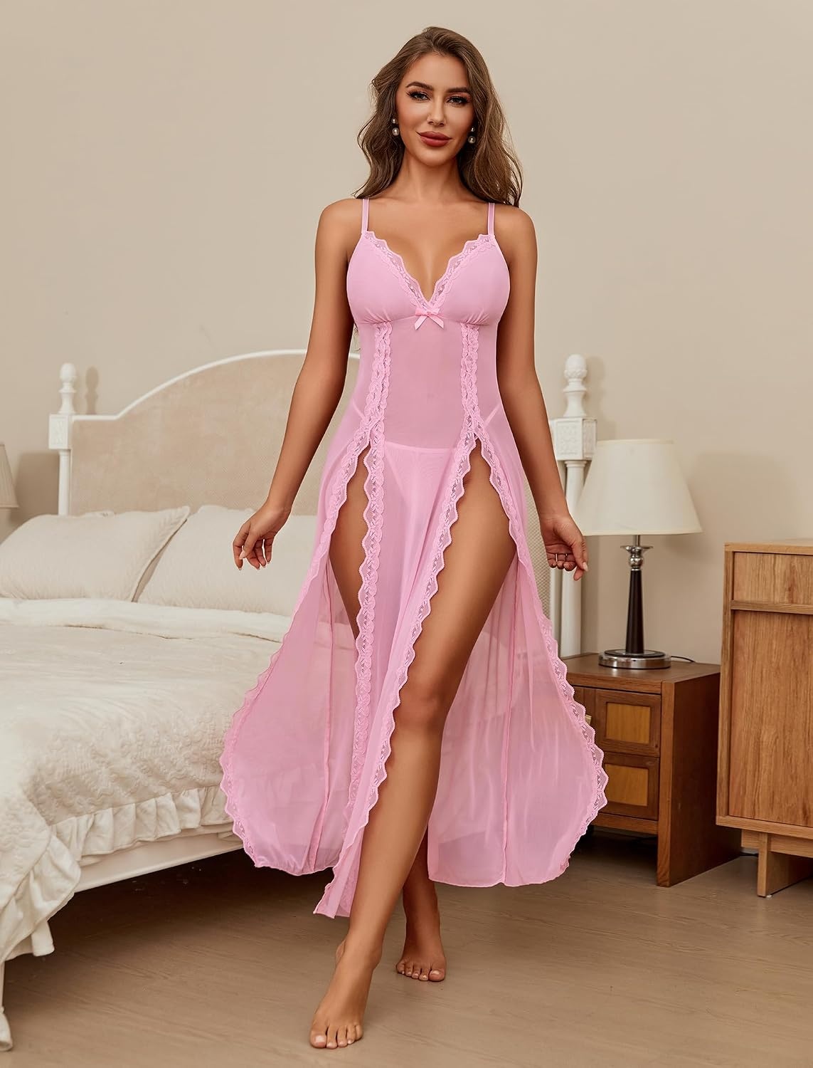 image:imageAvidlove Women Lingerie Lace Babydoll Chemise Sexy Mesh Nightdress V Neck Nightwear Side Split NightgownPink