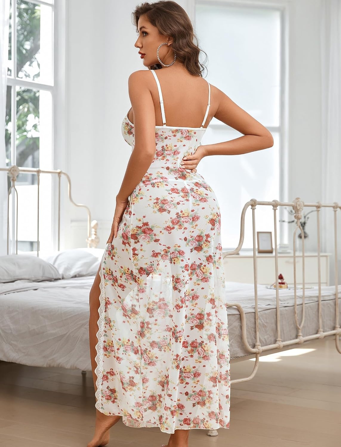 image:imageAvidlove Women Lingerie Lace Babydoll Chemise Sexy Mesh Nightdress V Neck Nightwear Side Split NightgownWhite Flower