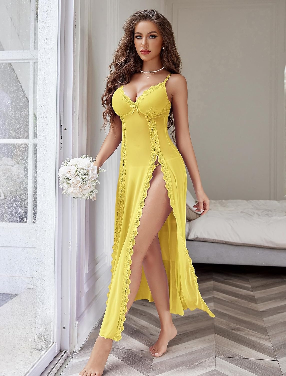 image:imageAvidlove Women Lingerie Lace Babydoll Chemise Sexy Mesh Nightdress V Neck Nightwear Side Split NightgownYellow