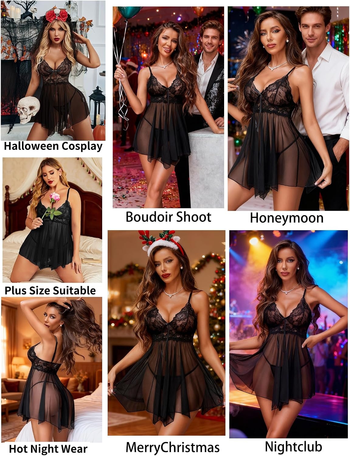 image:imageAvidlove Women Lingerie Lace Babydoll Mesh Nightgown Chemise Boudoir Nighty Sleepwear1black