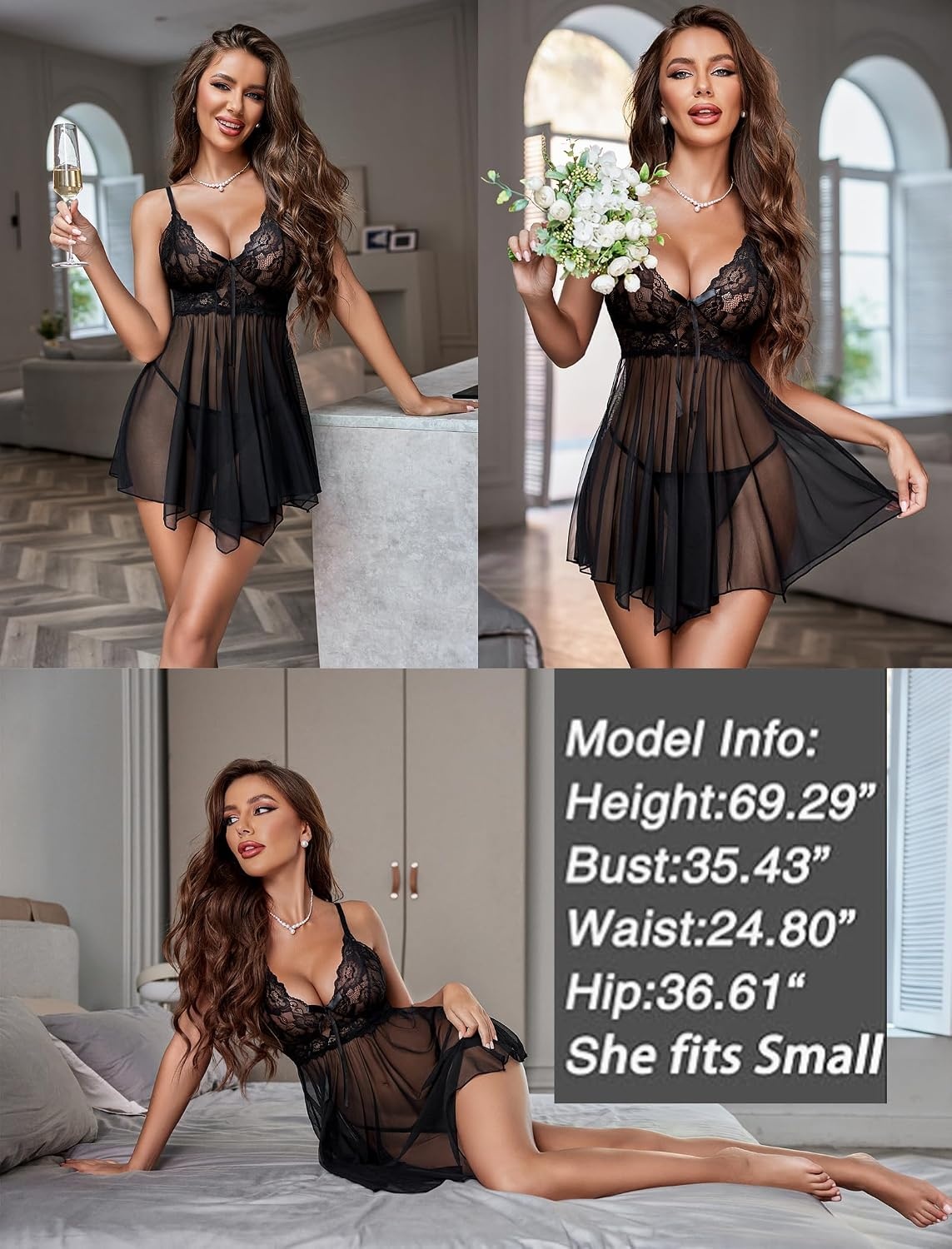 image:imageAvidlove Women Lingerie Lace Babydoll Mesh Nightgown Chemise Boudoir Nighty Sleepwear1black