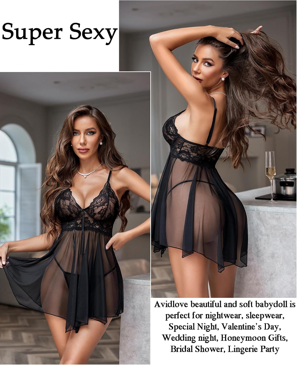 image:imageAvidlove Women Lingerie Lace Babydoll Mesh Nightgown Chemise Boudoir Nighty Sleepwear1black