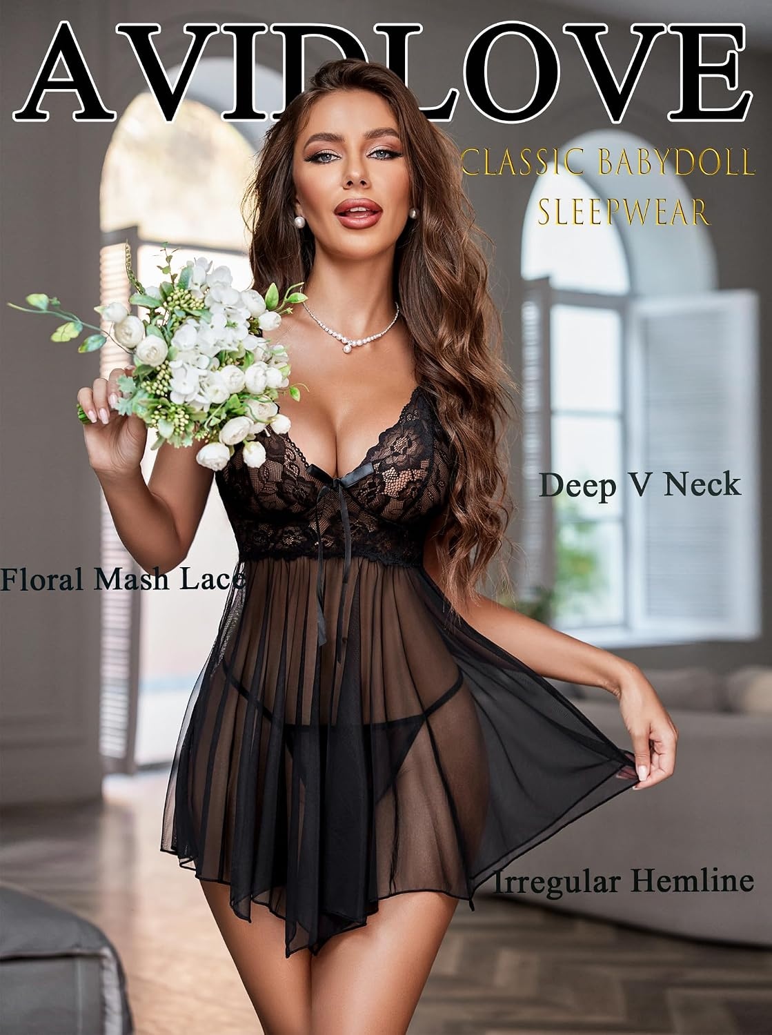 image:imageAvidlove Women Lingerie Lace Babydoll Mesh Nightgown Chemise Boudoir Nighty Sleepwear1black