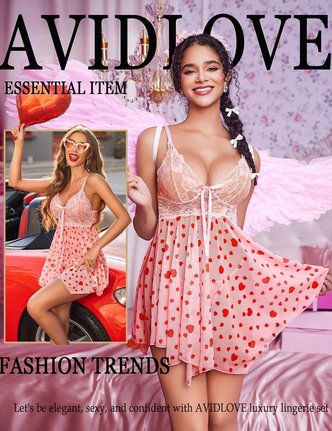 image:imageAvidlove Women Lingerie Lace Babydoll Mesh Nightgown Chemise Boudoir Nighty SleepwearPink Heart