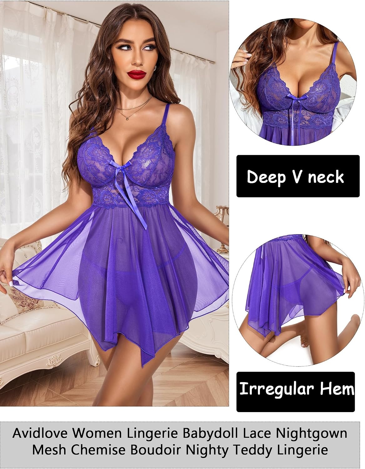 image:imageAvidlove Women Lingerie Lace Babydoll Mesh Nightgown Chemise Boudoir Nighty SleepwearPurple