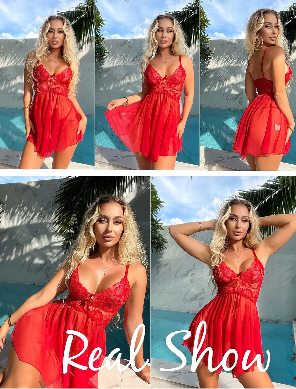 image:imageAvidlove Women Lingerie Lace Babydoll Mesh Nightgown Chemise Boudoir Nighty SleepwearRed