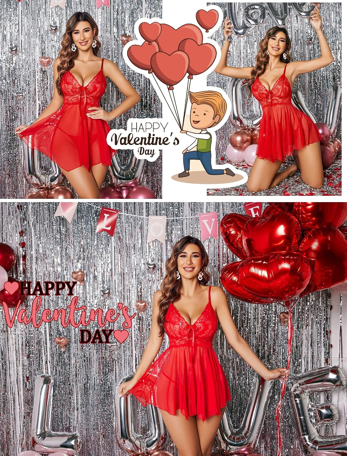image:imageAvidlove Women Lingerie Lace Babydoll Mesh Nightgown Chemise Boudoir Nighty SleepwearRed