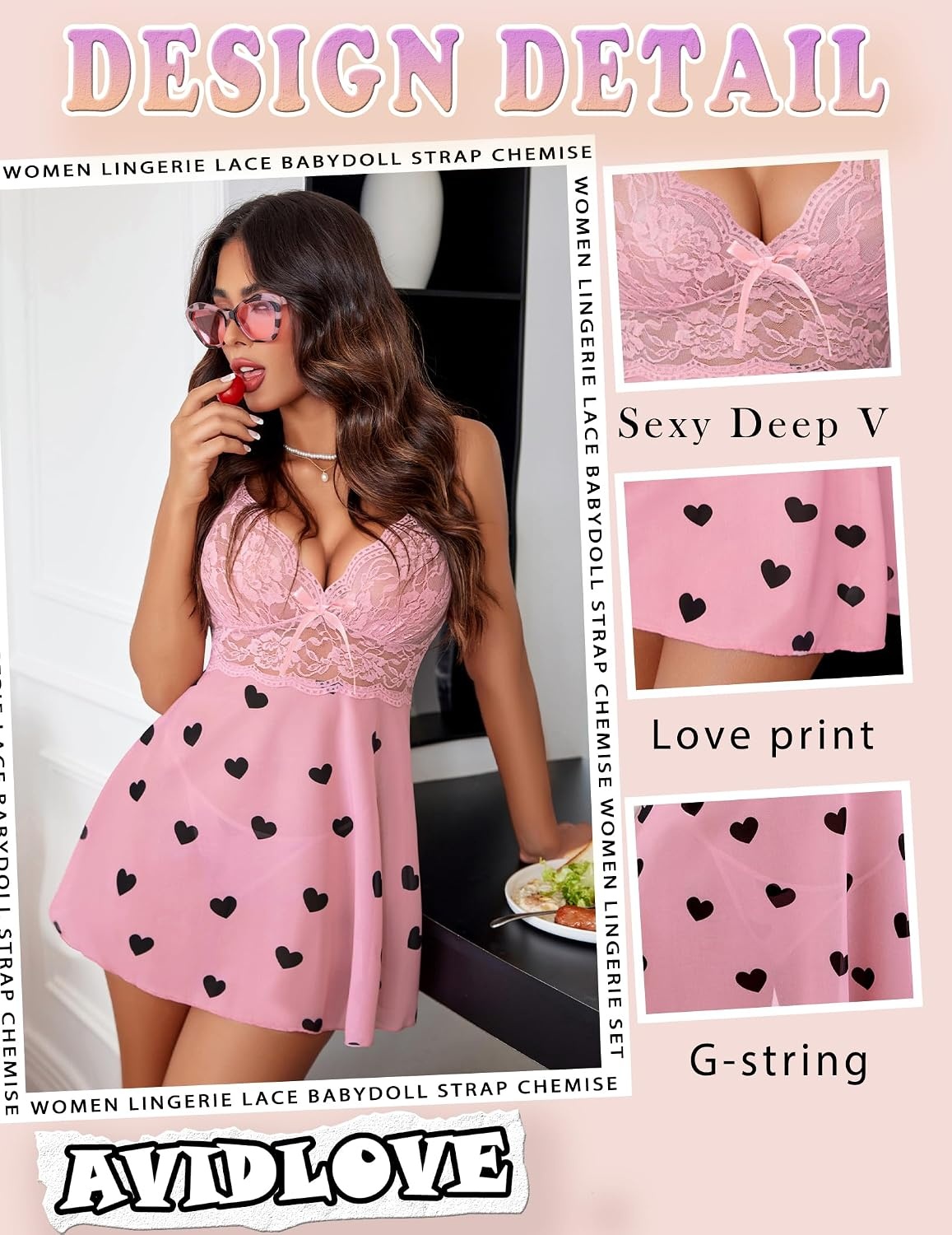 image:imageAvidlove Women Lingerie Lace Babydoll Strap Chemise Halter Teddy V Neck SleepwearBlack Love Heart