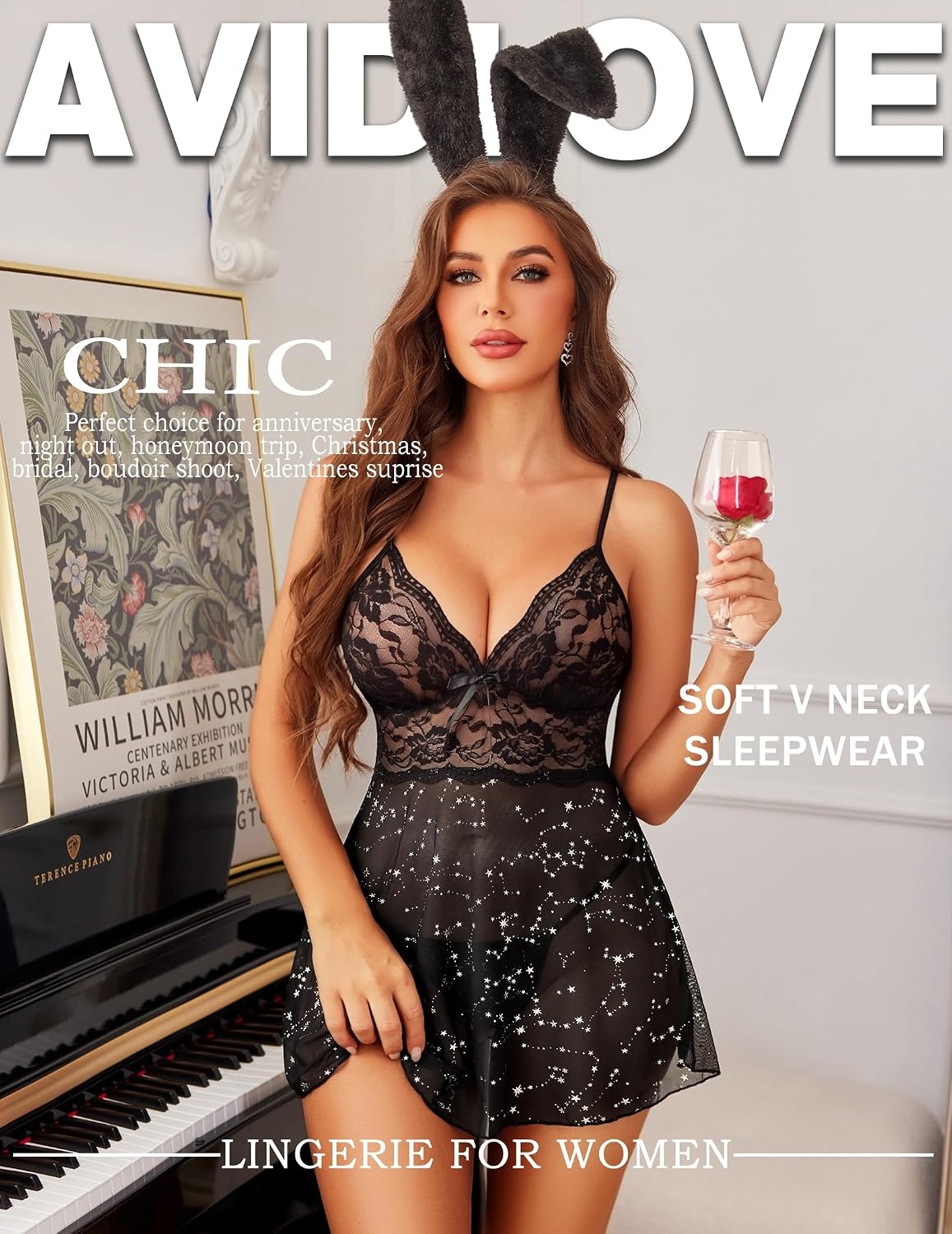 image:imageAvidlove Women Lingerie Lace Babydoll Strap Chemise Halter Teddy V Neck SleepwearBlack Star