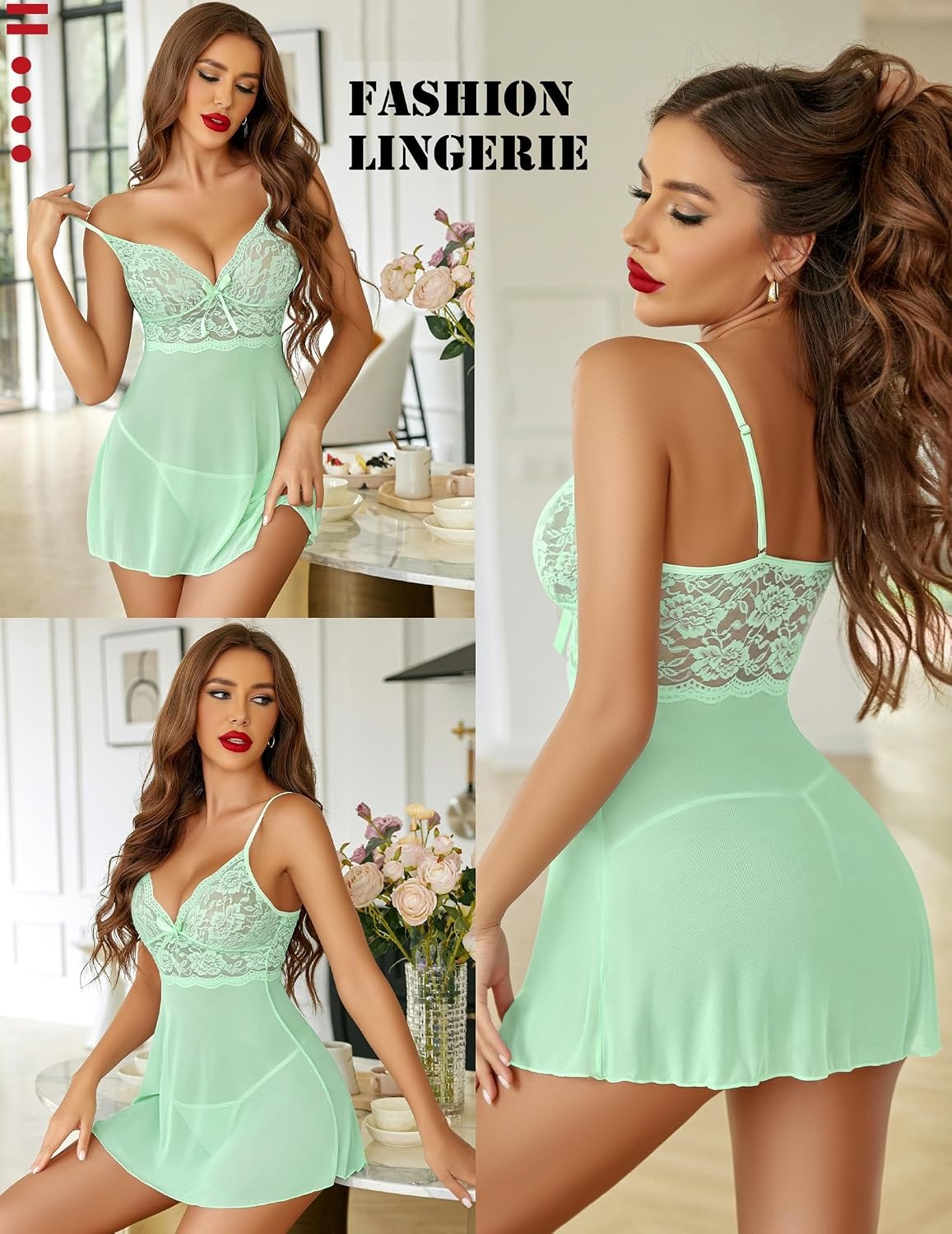 image:imageAvidlove Women Lingerie Lace Babydoll Strap Chemise Halter Teddy V Neck SleepwearGreen
