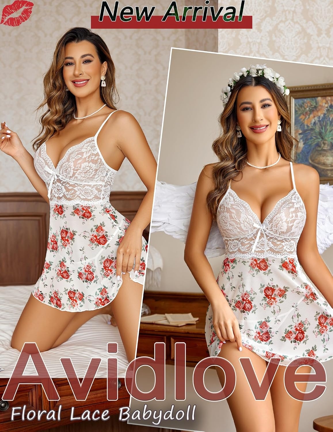 image:imageAvidlove Women Lingerie Lace Babydoll Strap Chemise Halter Teddy V Neck SleepwearPeony Print