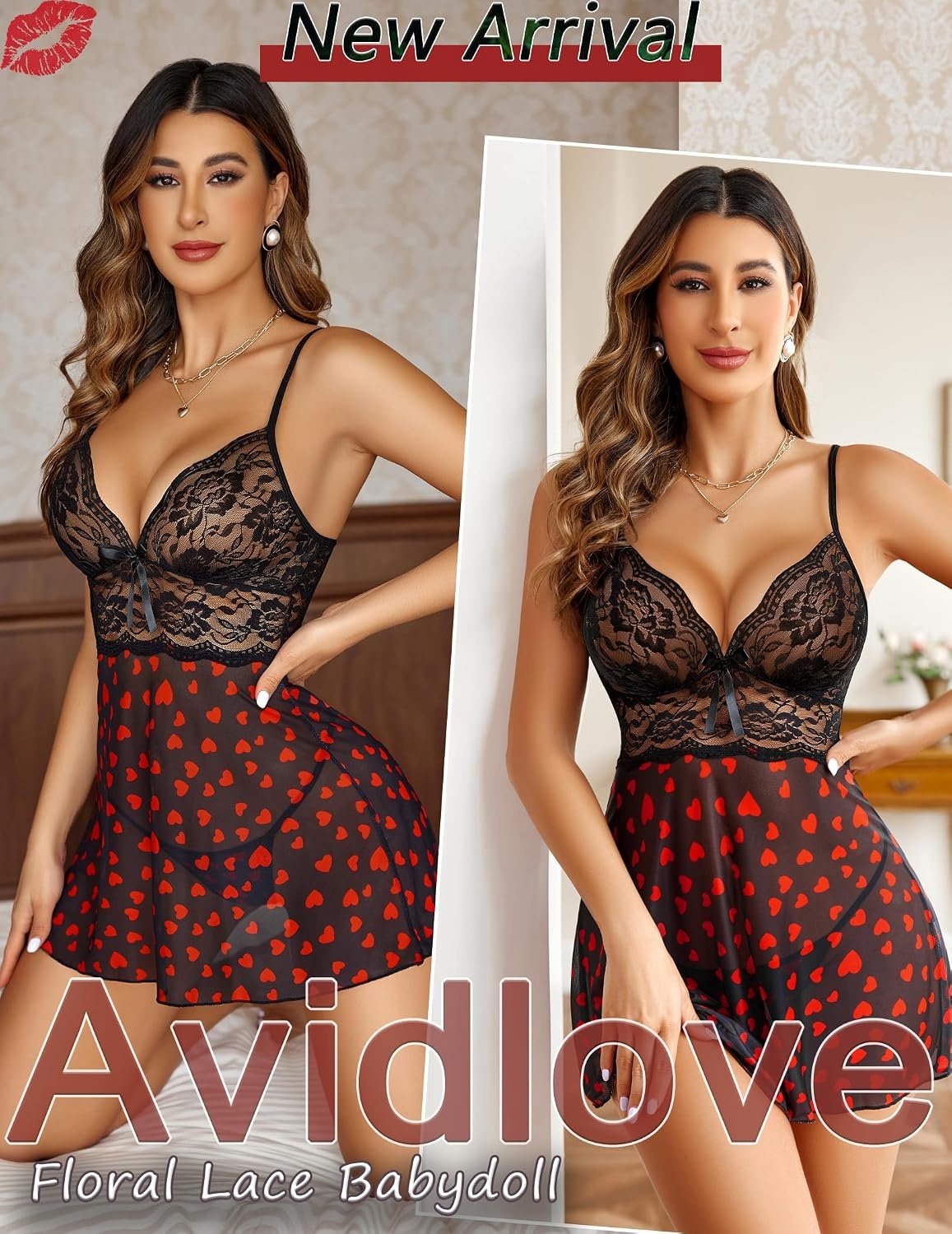 image:imageAvidlove Women Lingerie Lace Babydoll Strap Chemise Halter Teddy V Neck SleepwearRed Heart