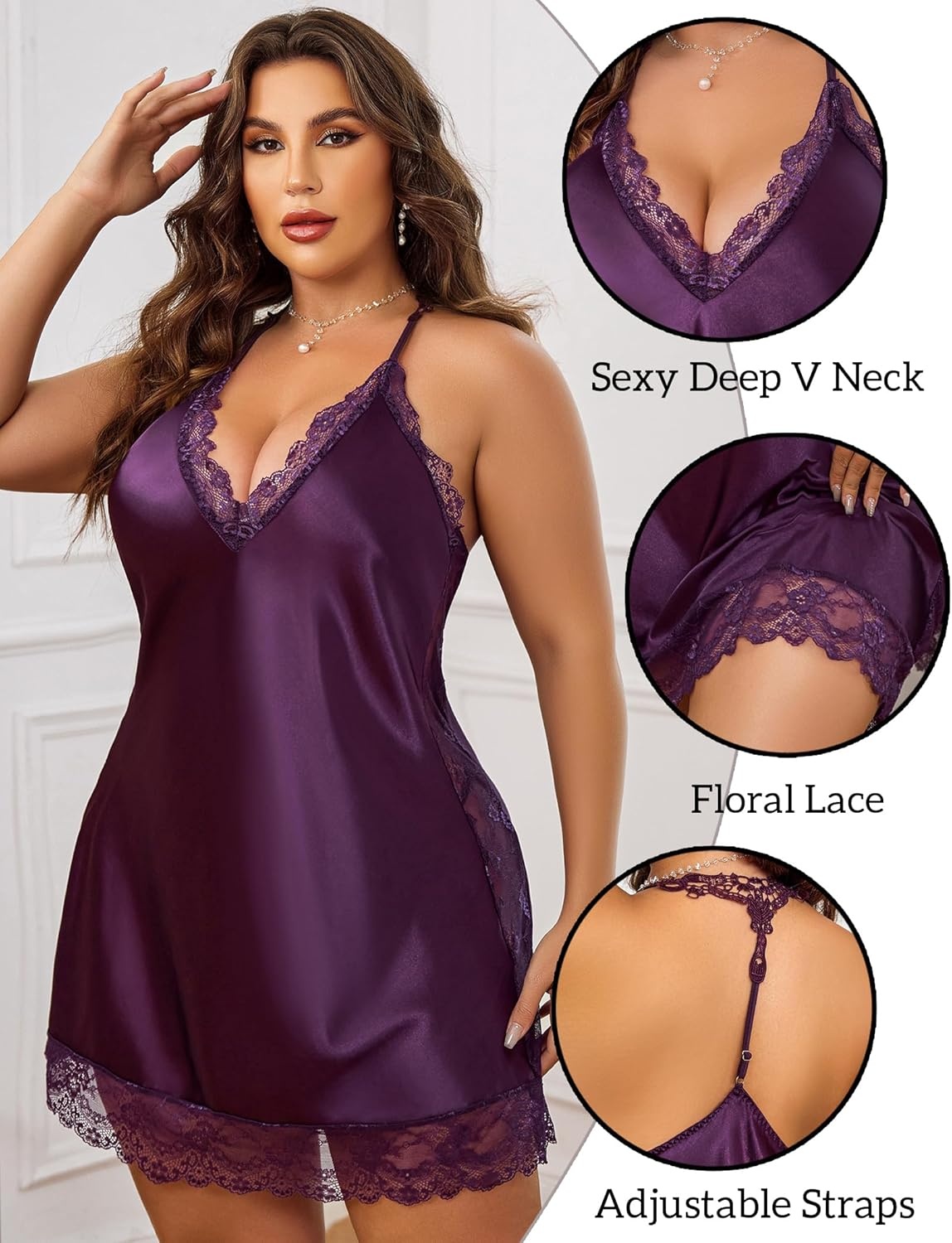 image:imageAvidlove Women Lingerie Plus Size Satin Lace Chemise Nightgown Sexy Full Slips Sleepwear L4XL1 Purple