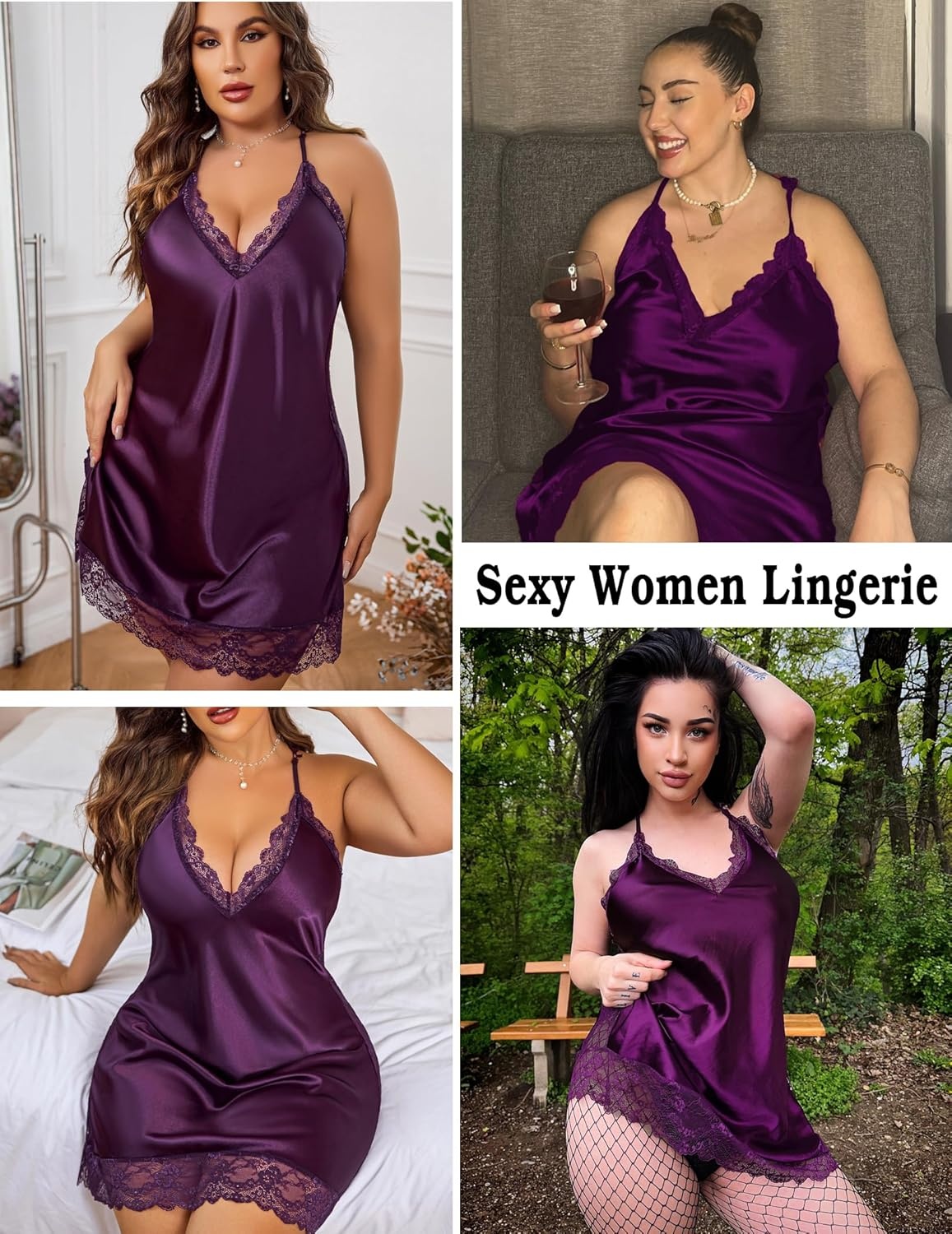 image:imageAvidlove Women Lingerie Plus Size Satin Lace Chemise Nightgown Sexy Full Slips Sleepwear L4XL1 Purple