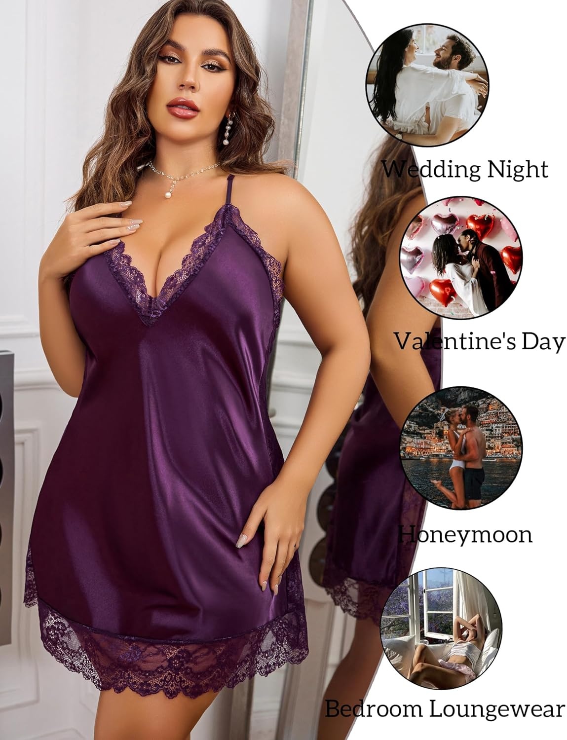 image:imageAvidlove Women Lingerie Plus Size Satin Lace Chemise Nightgown Sexy Full Slips Sleepwear L4XL1 Purple
