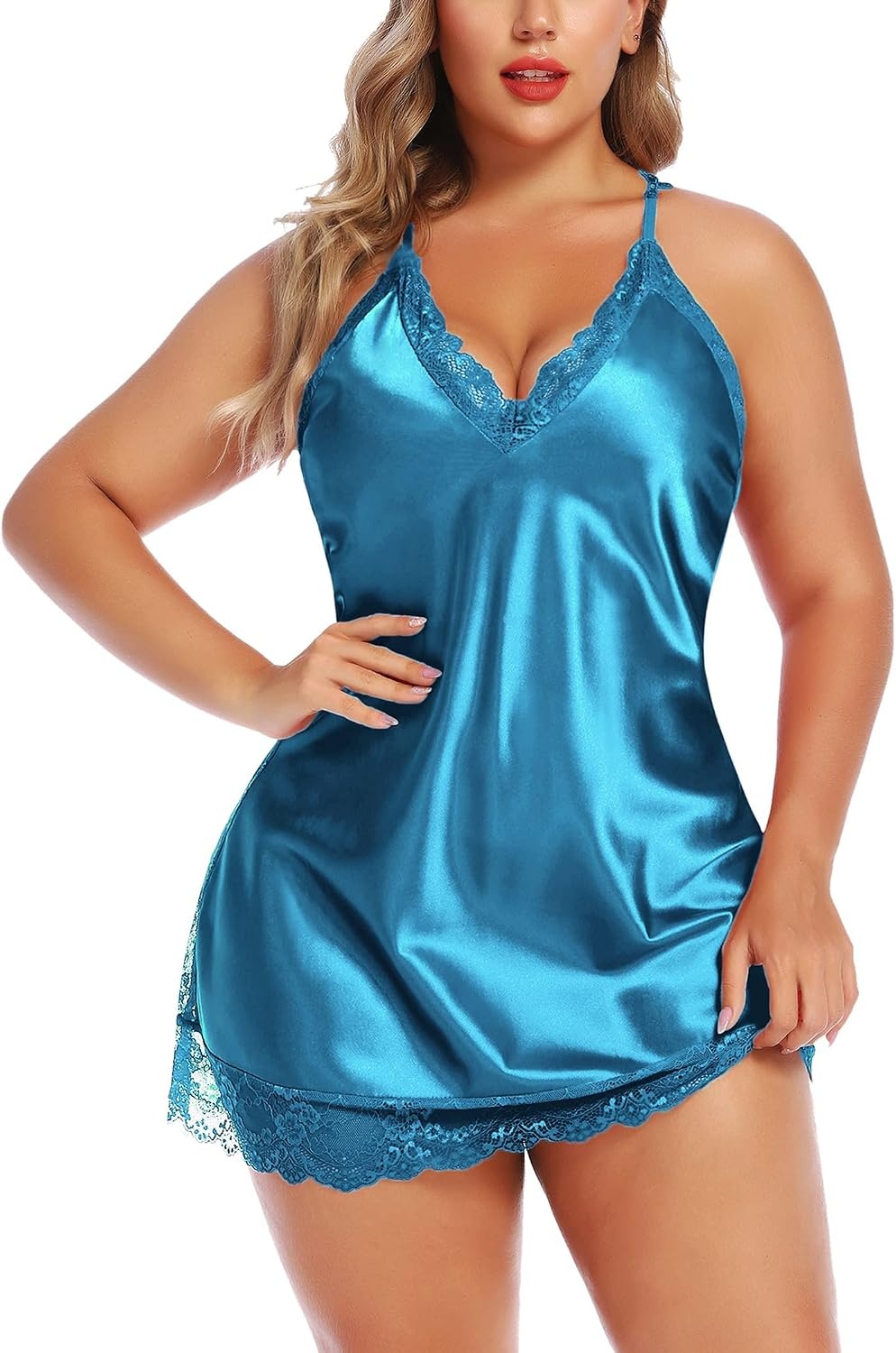image:imageAvidlove Women Lingerie Plus Size Satin Lace Chemise Nightgown Sexy Full Slips Sleepwear L4XLBlue