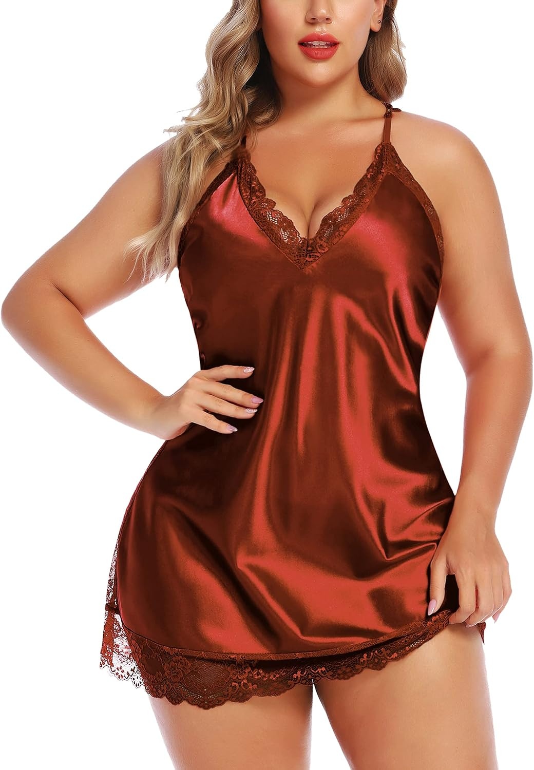 image:imageAvidlove Women Lingerie Plus Size Satin Lace Chemise Nightgown Sexy Full Slips Sleepwear L4XLDark Brown