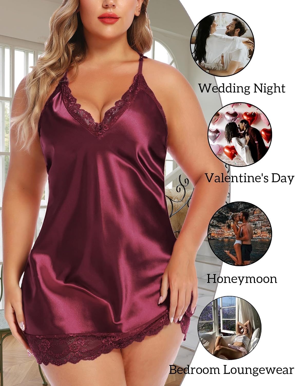 image:imageAvidlove Women Lingerie Plus Size Satin Lace Chemise Nightgown Sexy Full Slips Sleepwear L4XLDark Red
