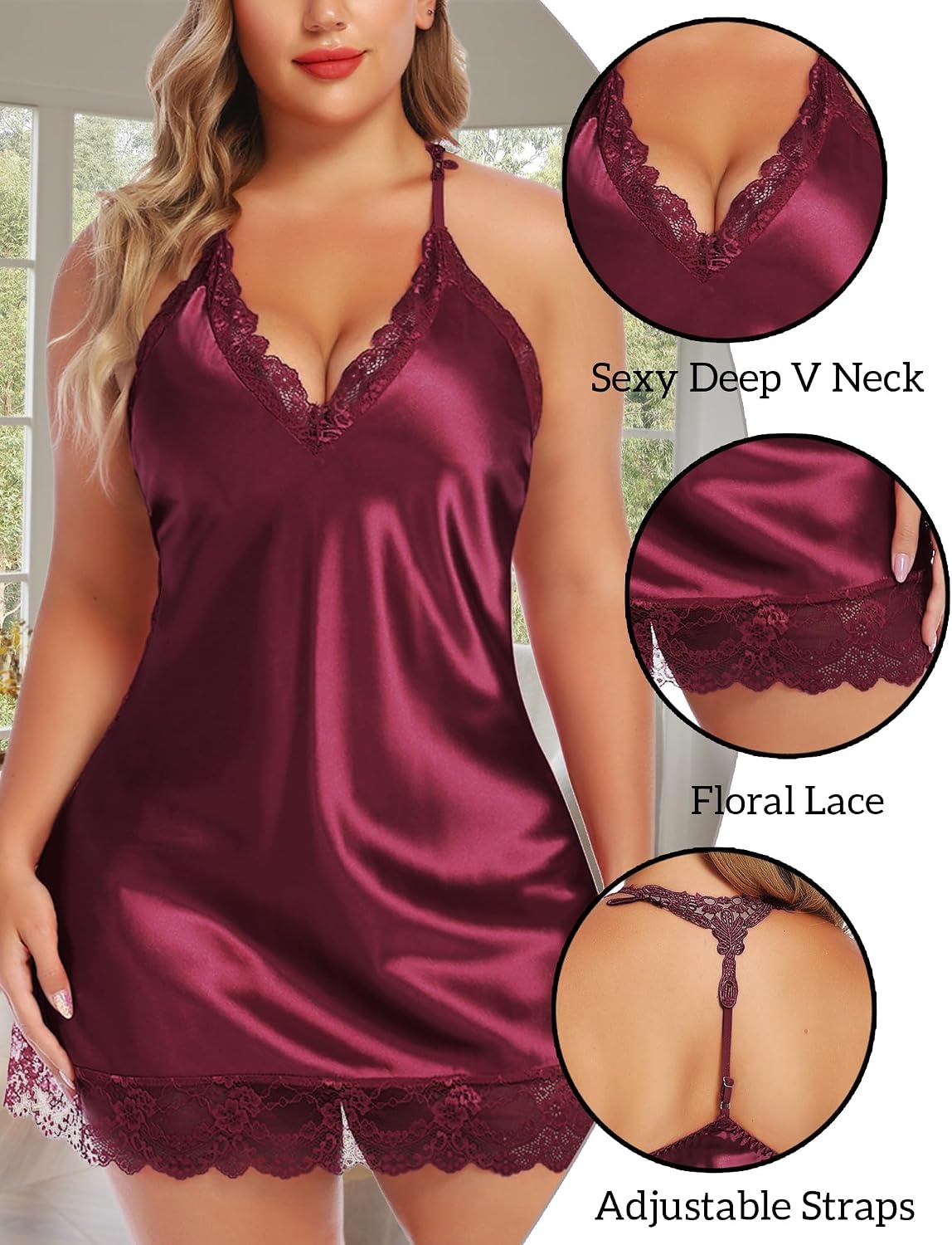 image:imageAvidlove Women Lingerie Plus Size Satin Lace Chemise Nightgown Sexy Full Slips Sleepwear L4XLDark Red
